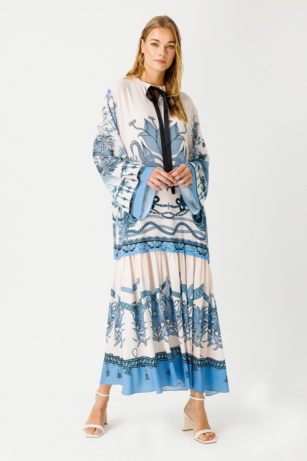 BUBLE ELÇİZİMİ NAKIŞ APOLET DESENLİ GROGRENLİ ELBİSE