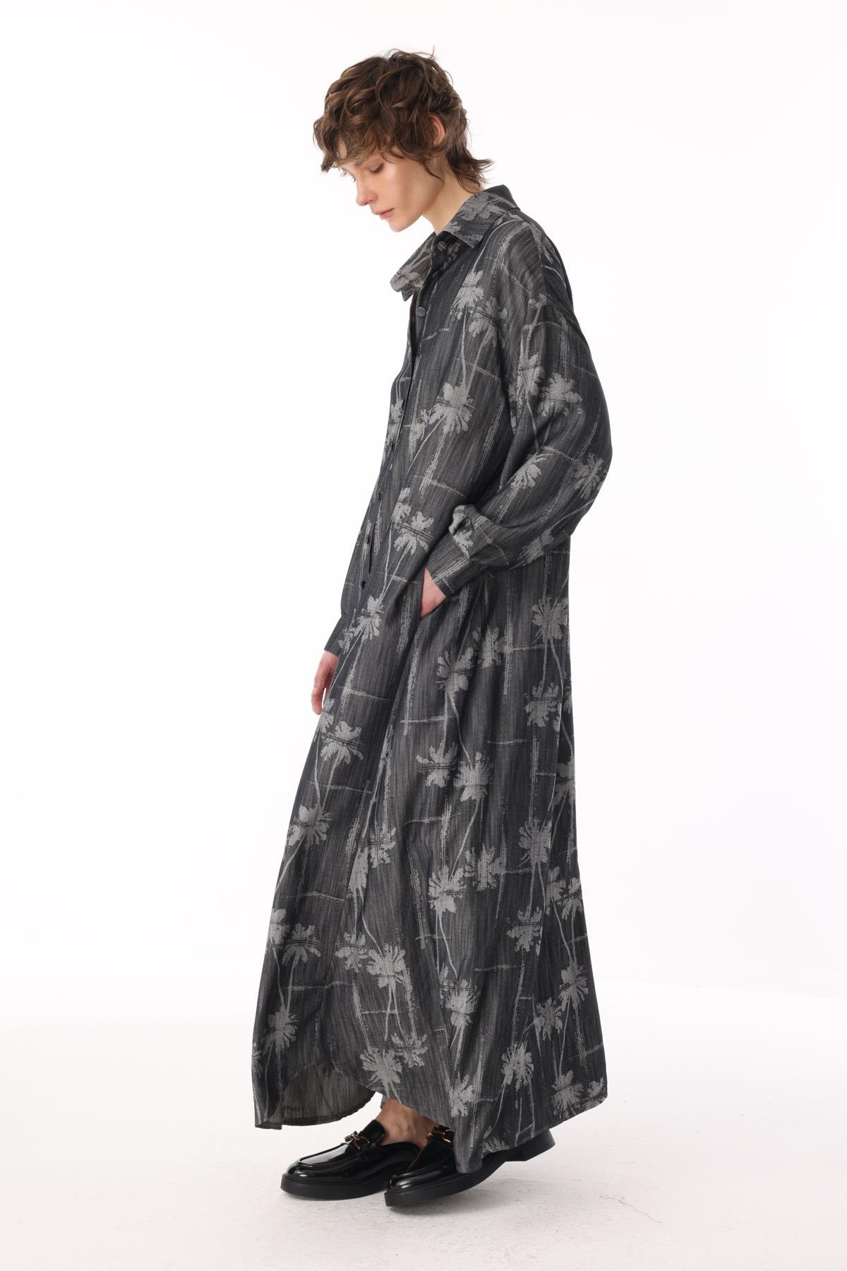 ÇiÇEK JAKARLI VİSCONE TENCEL KEMERLİ GÖMLEK ELBİSE