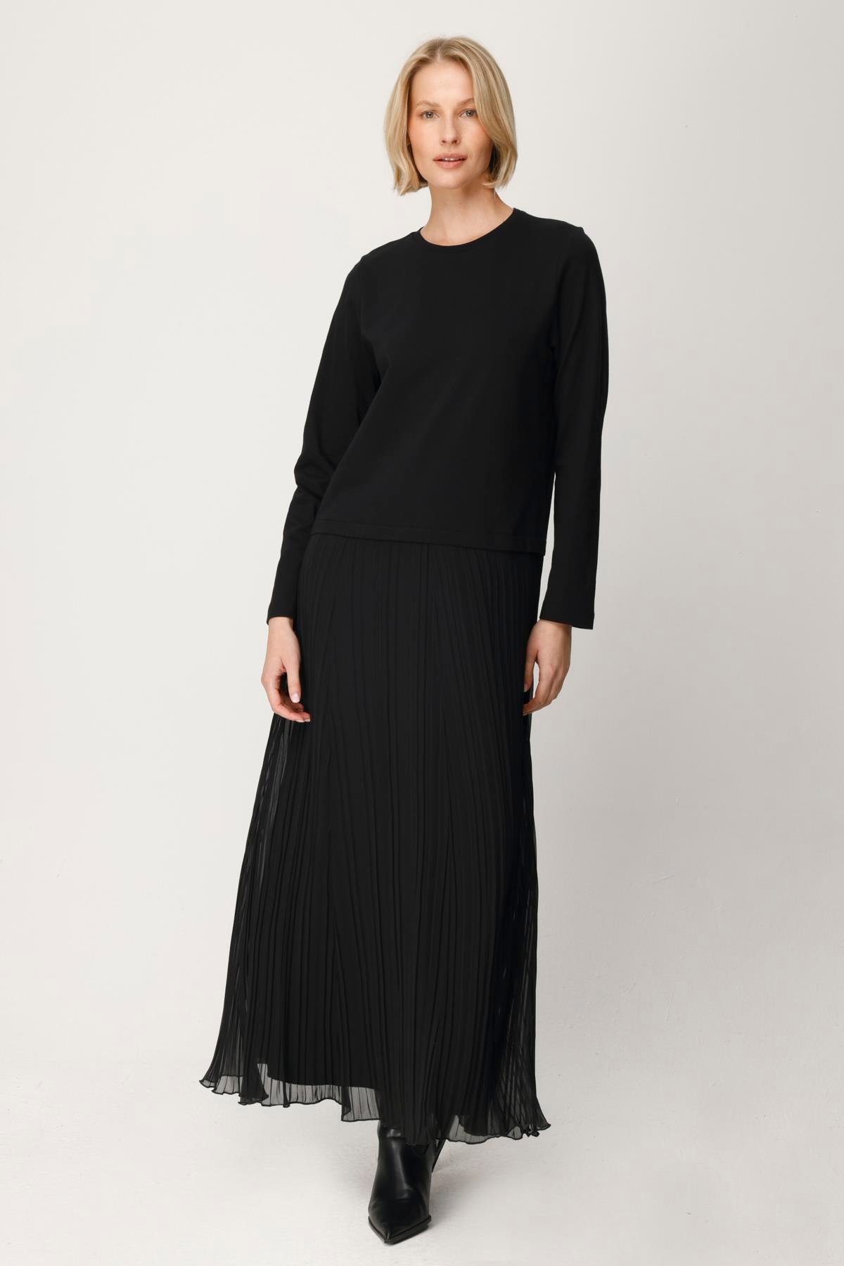 COTTON BLUZLU PİLİSE ETEKLİ ELBİSE