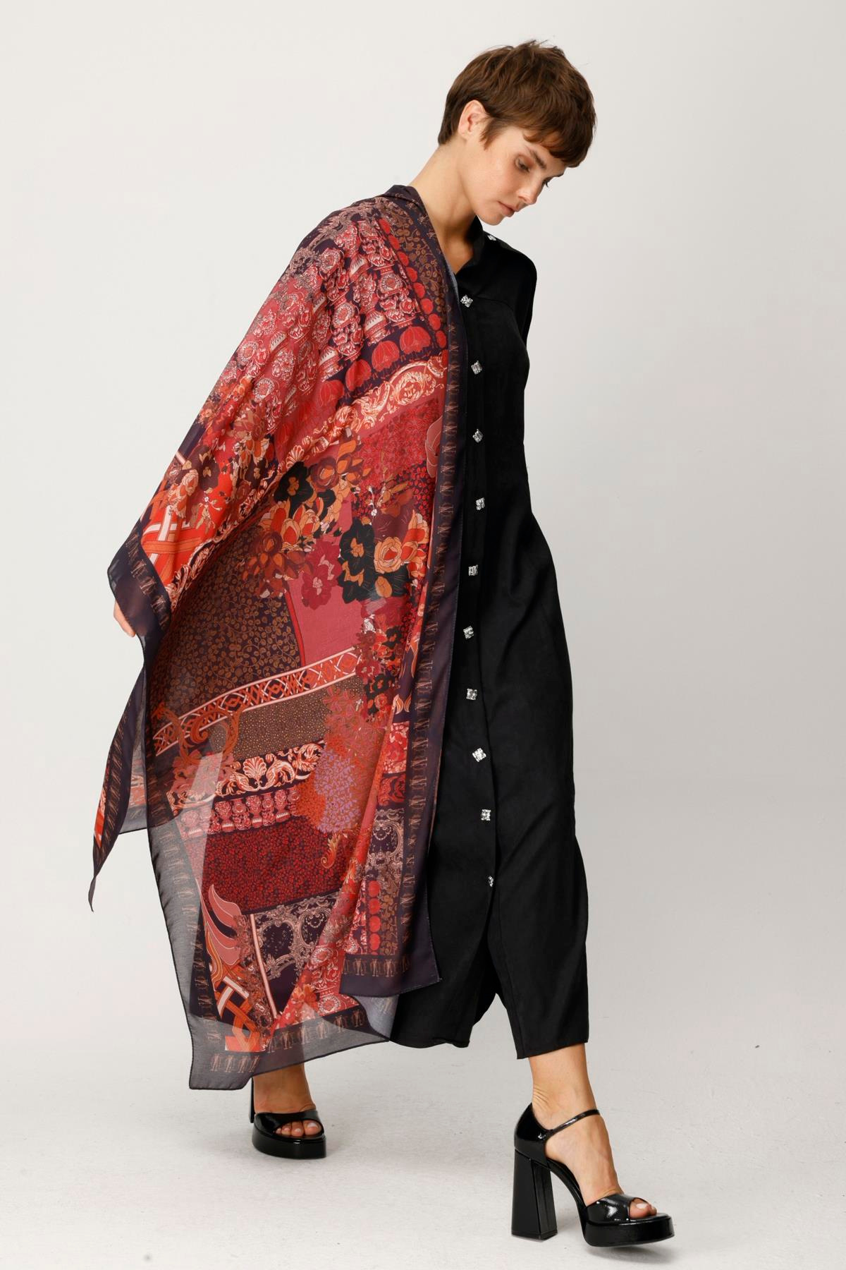 COTTON ÇITIR GOTİK ÇİÇEK DESENLİ ŞAL