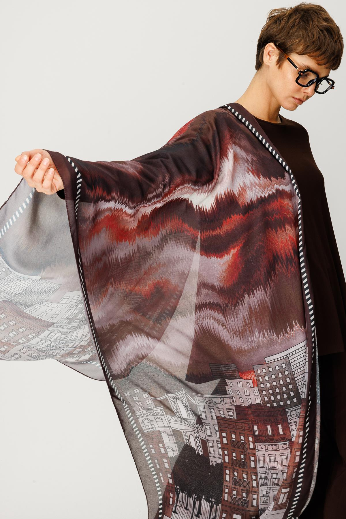 COTTON EL ÇİZİMİ ŞEHİR DESENLİ ŞAL