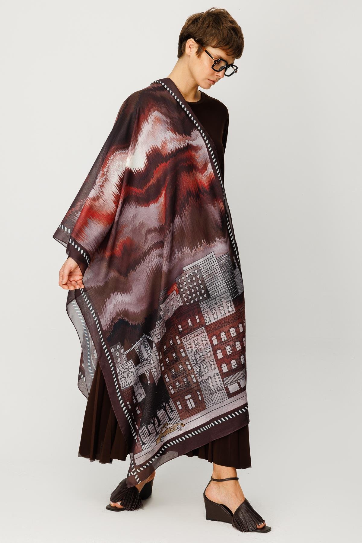 COTTON EL ÇİZİMİ ŞEHİR DESENLİ ŞAL