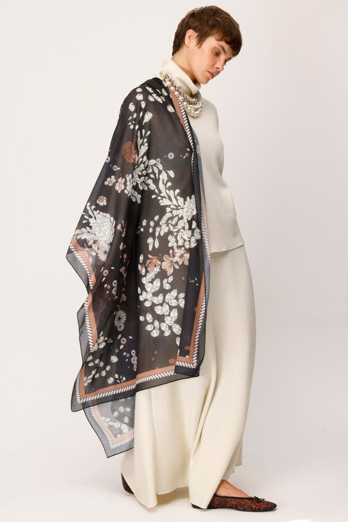 COTTON EL ÇİZİMİ YAPRAK DESENLİ ŞAL