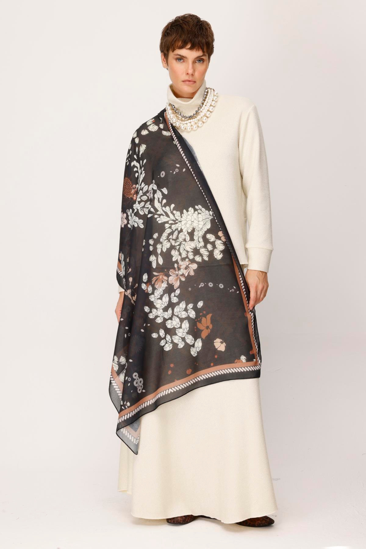 COTTON EL ÇİZİMİ YAPRAK DESENLİ ŞAL