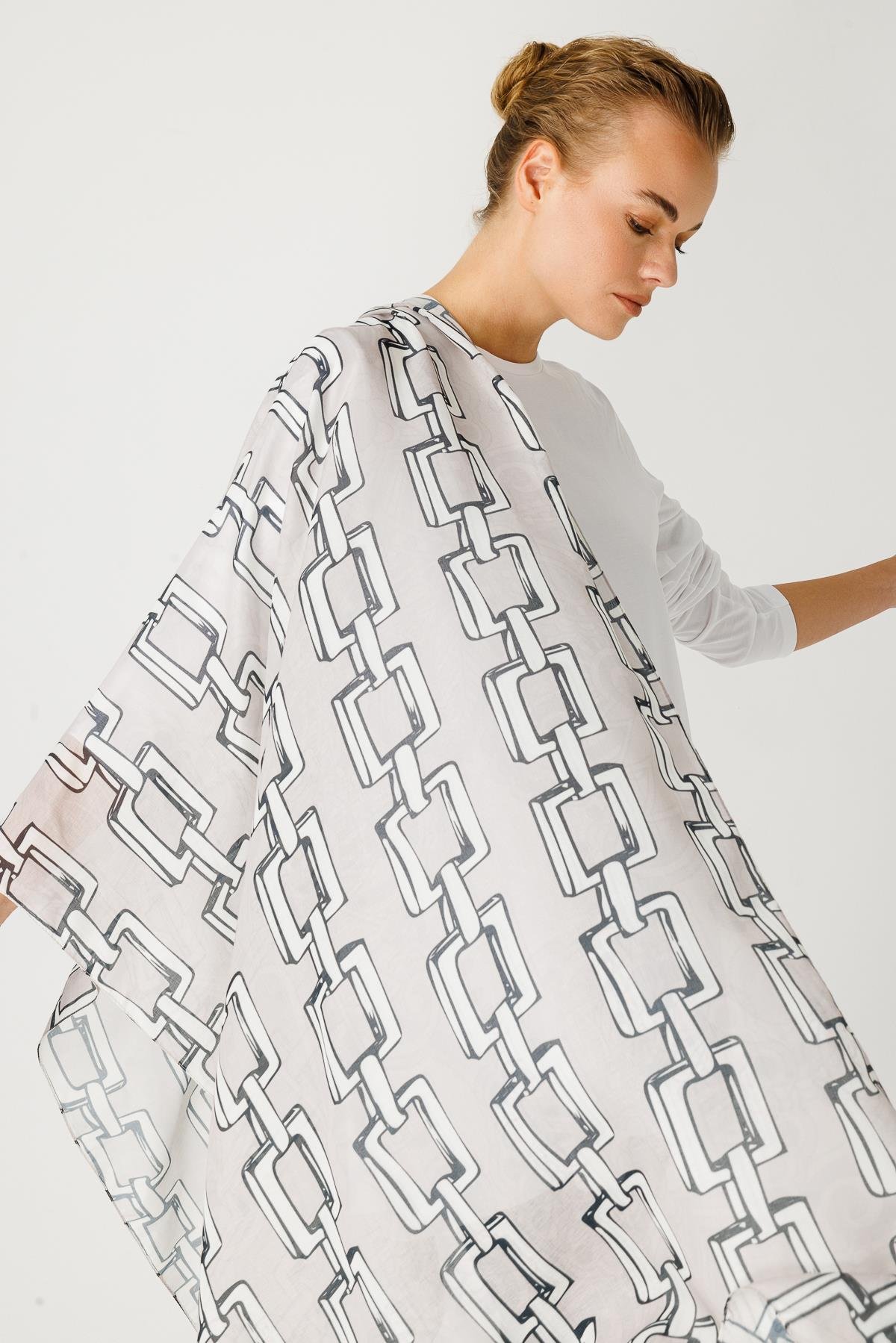 COTTON EL SKETCHLİ ZİNCİR DESENLİ ŞAL