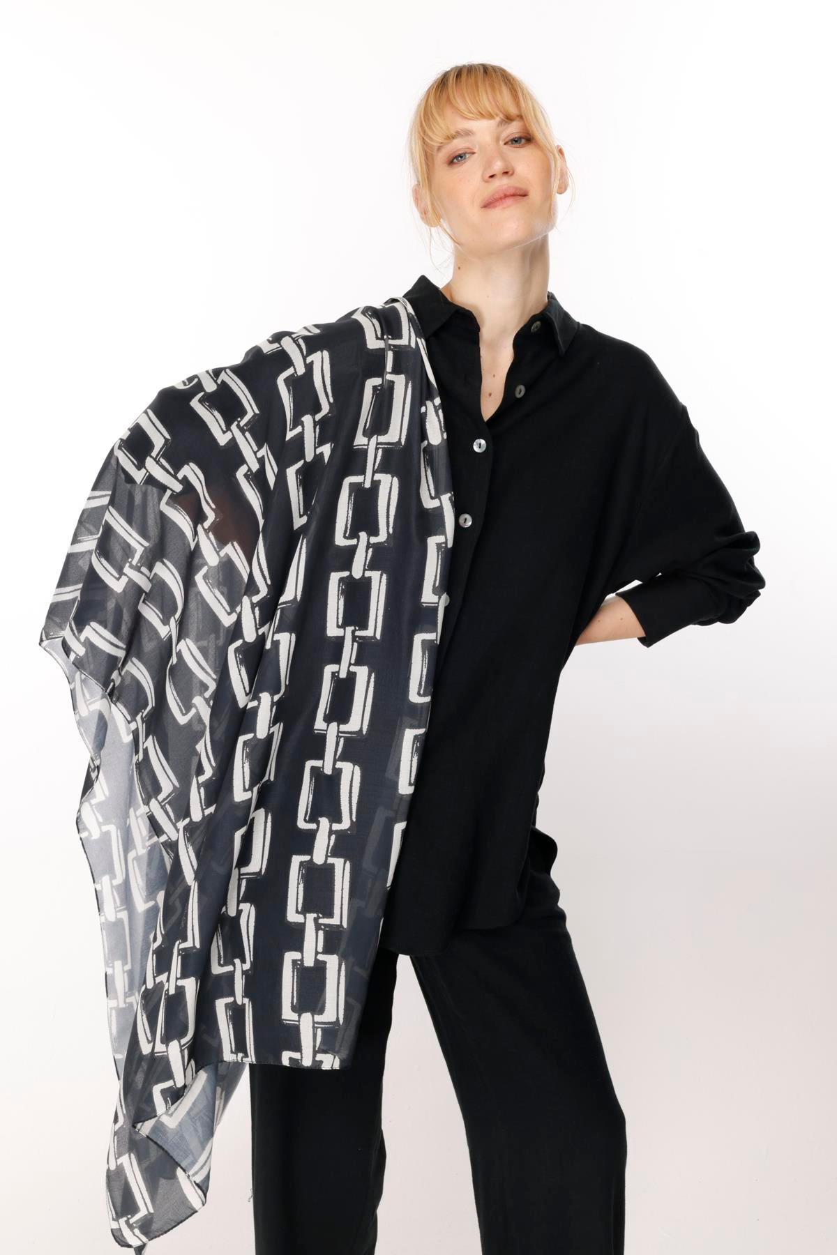 COTTON EL SKETCHLİ ZİNCİR DESENLİ ŞAL