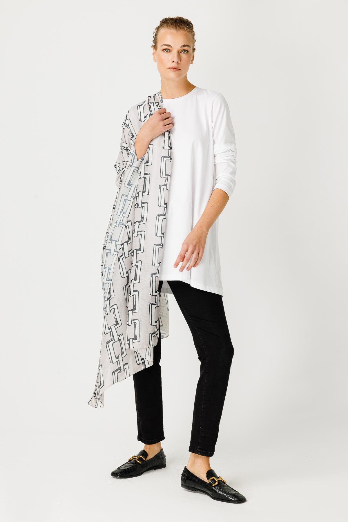 COTTON EL SKETCHLİ ZİNCİR DESENLİ ŞAL