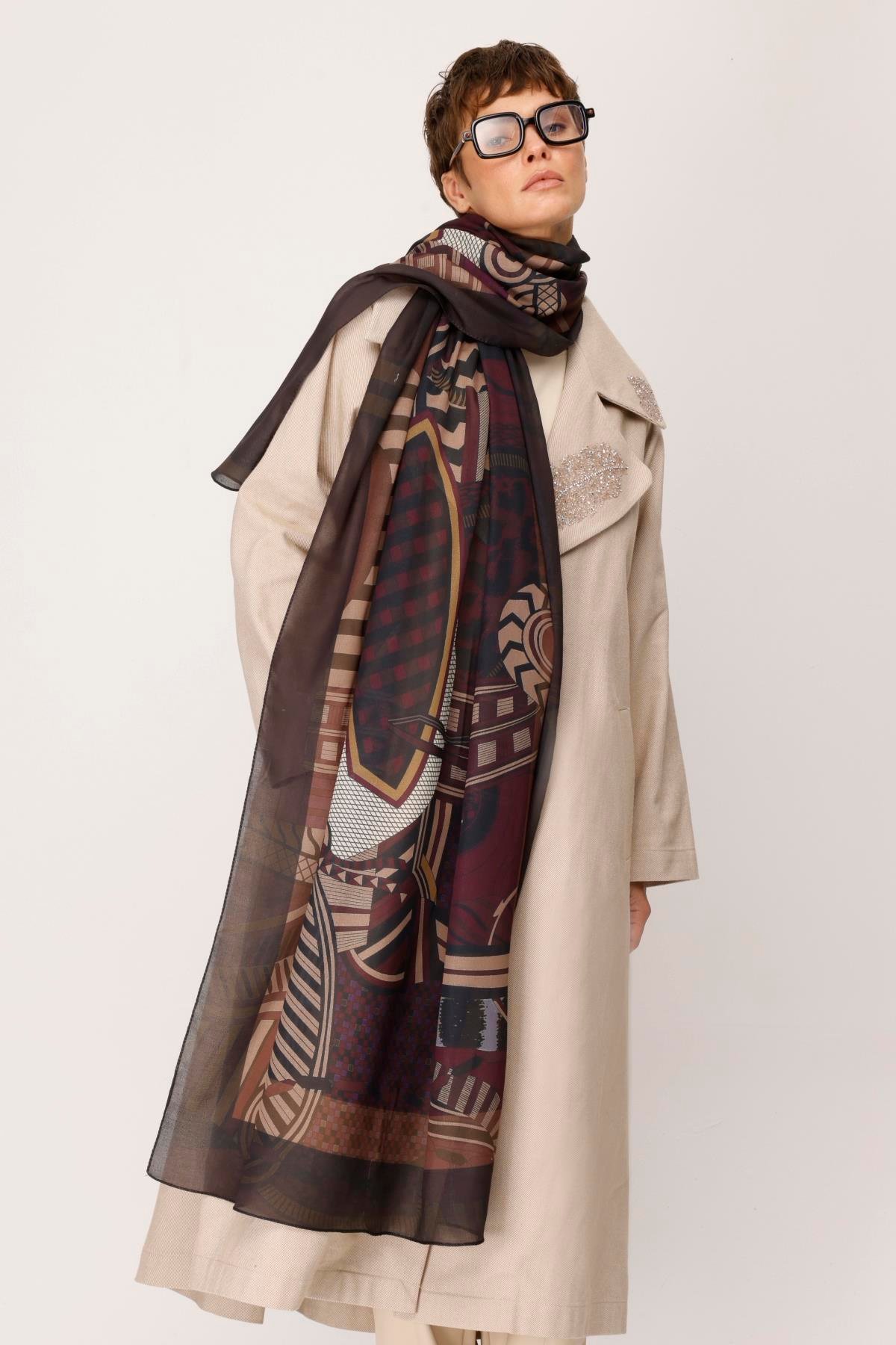 COTTON GEOMETRİK ANİMAL DESENLİ ŞAL