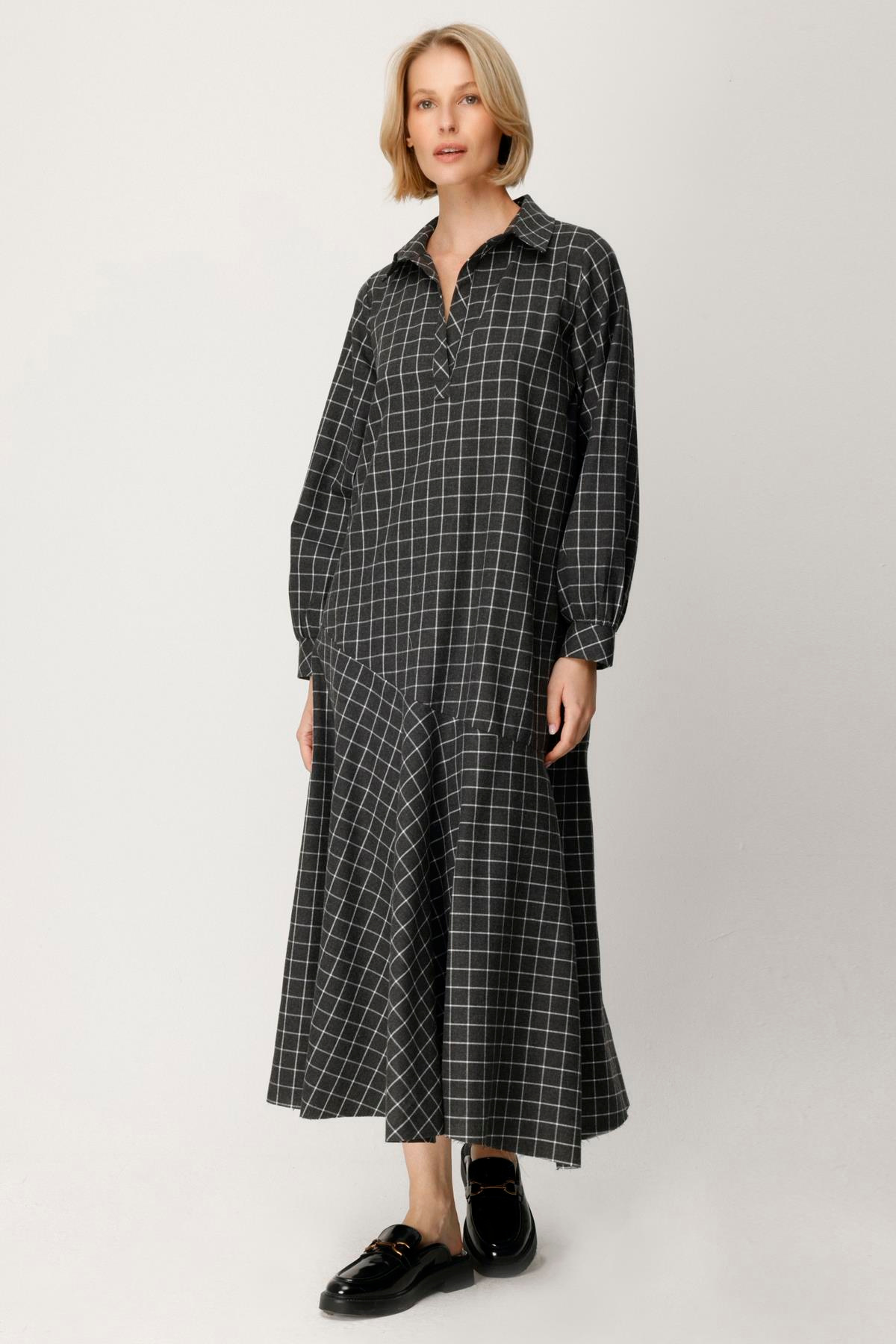 COTTON KARE KİBRİT ÇİZGİLİ ETEĞİ VOLANLI ELBİSE