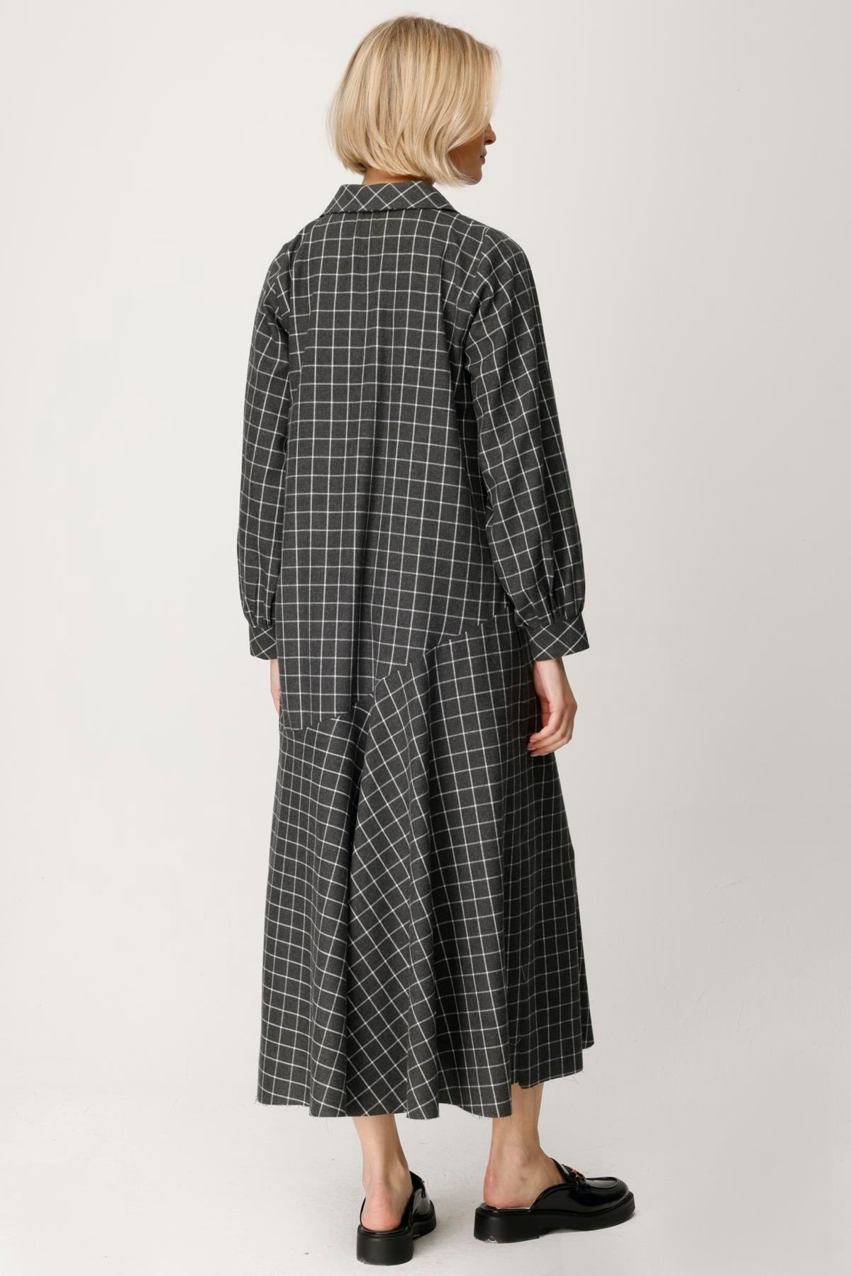 COTTON KARE KİBRİT ÇİZGİLİ ETEĞİ VOLANLI ELBİSE