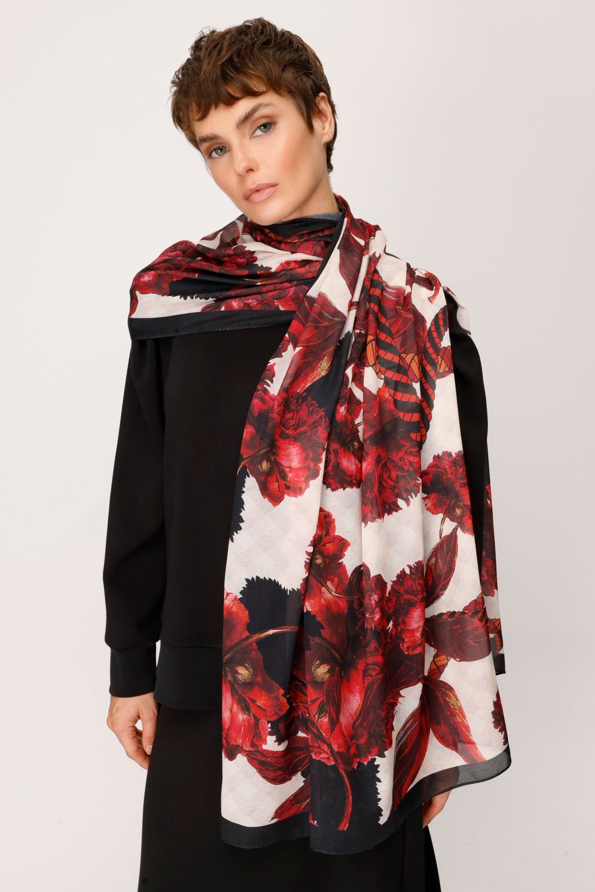 COTTON SULU BOYA GÜL DESENLİ ŞAL