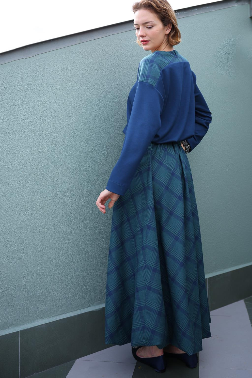 İNCE MODAL BLUZLU BALON EKOSE ETEKLİ ELBİSE1