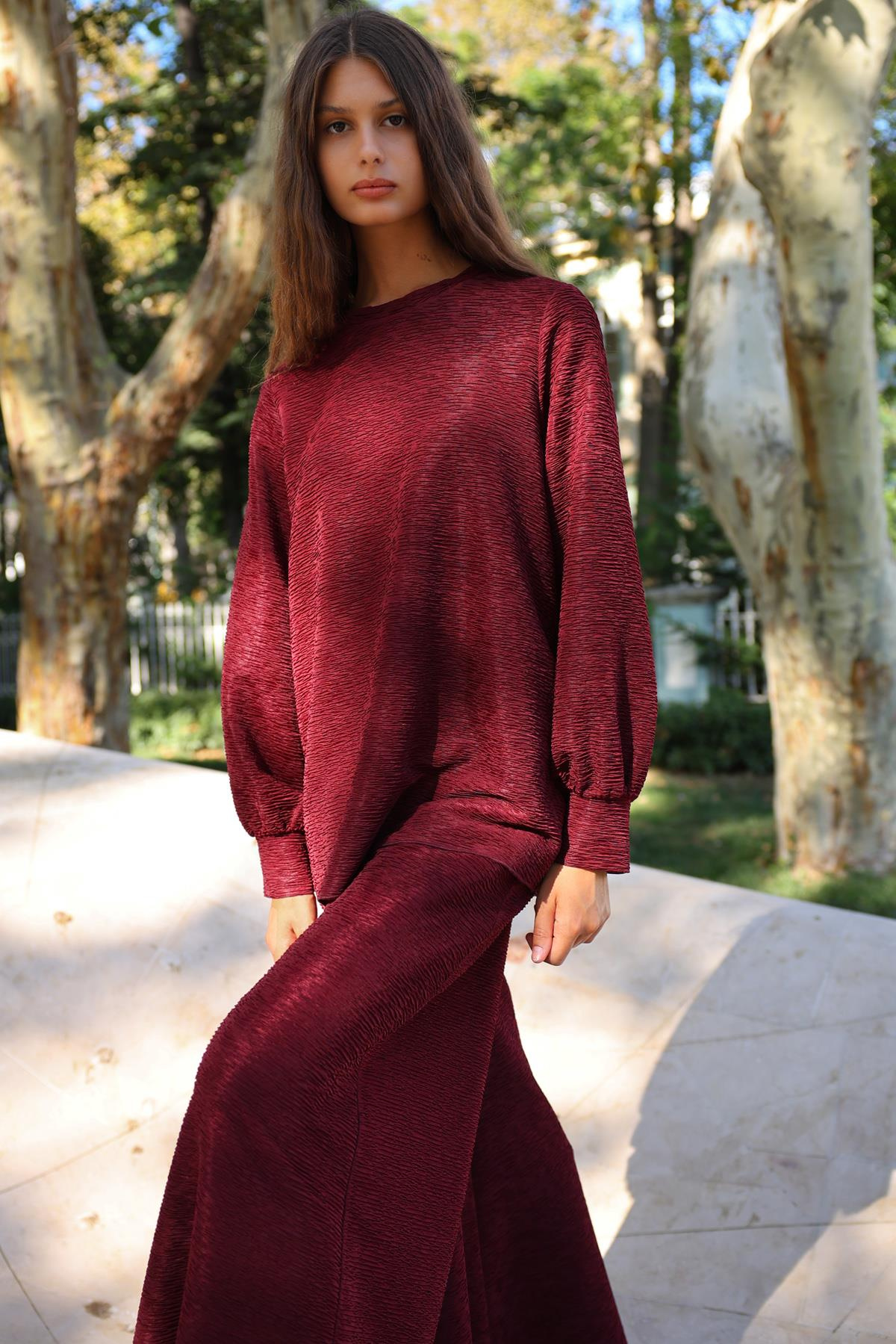 BÜRÜMCÜKLÜ KREP UZUN MANŞETLİ BLUZ	 	 	 	 	 	 	 	 	 	