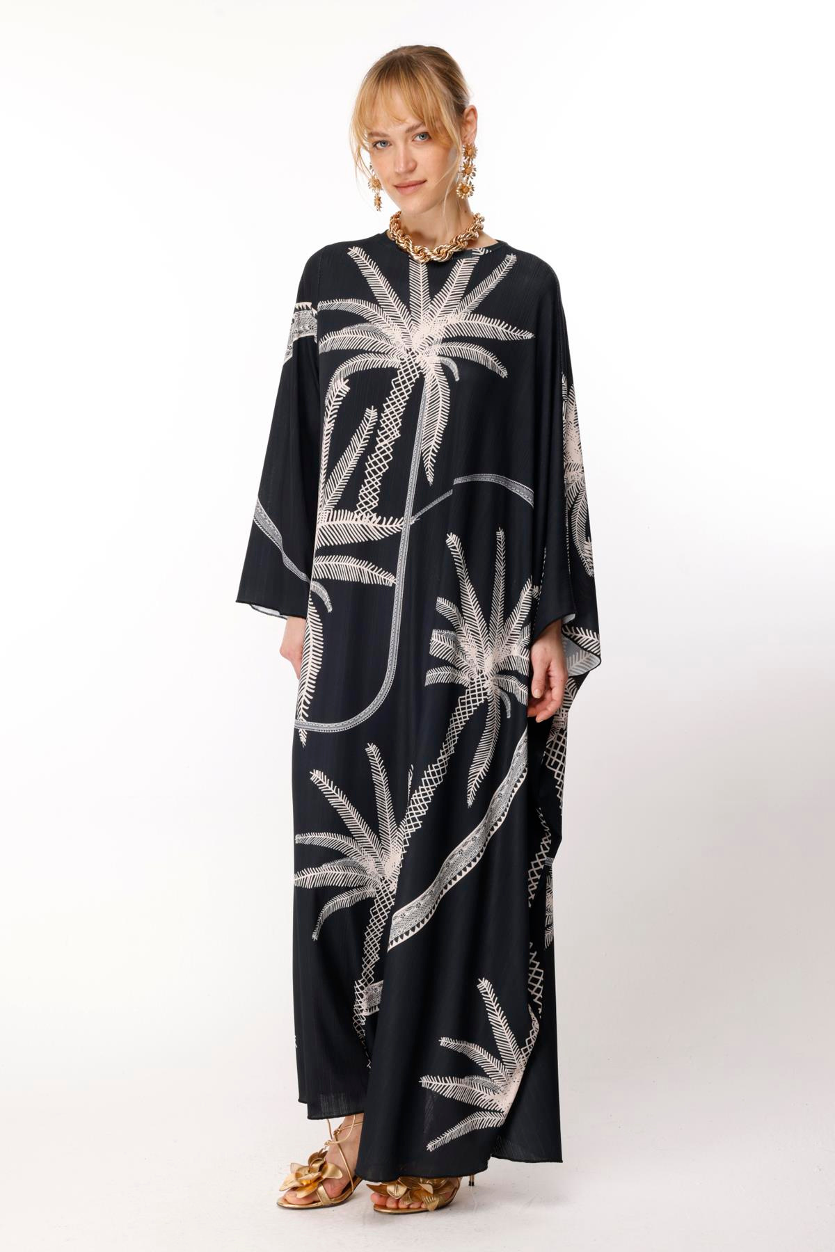 JAKAR FİTİLLİ EL ÇİZİMİ PALMİYE BASKI TEK KOL KAFTAN