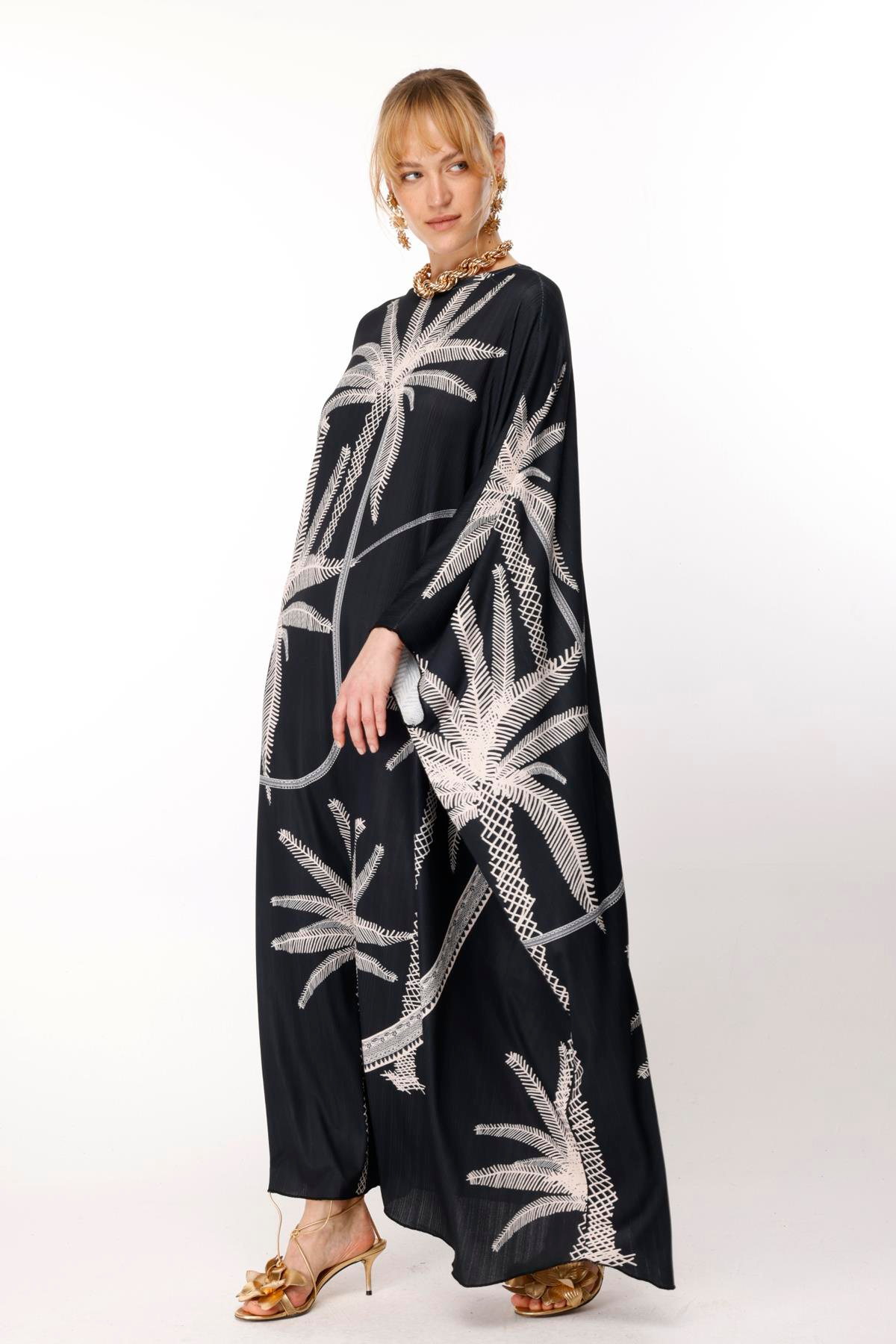 JAKAR FİTİLLİ EL ÇİZİMİ PALMİYE BASKI TEK KOL KAFTAN