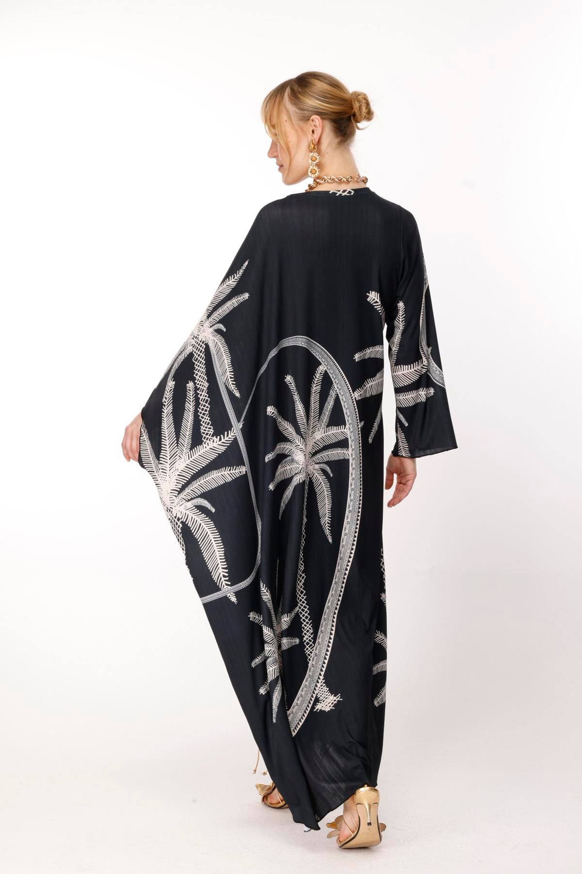 JAKAR FİTİLLİ EL ÇİZİMİ PALMİYE BASKI TEK KOL KAFTAN