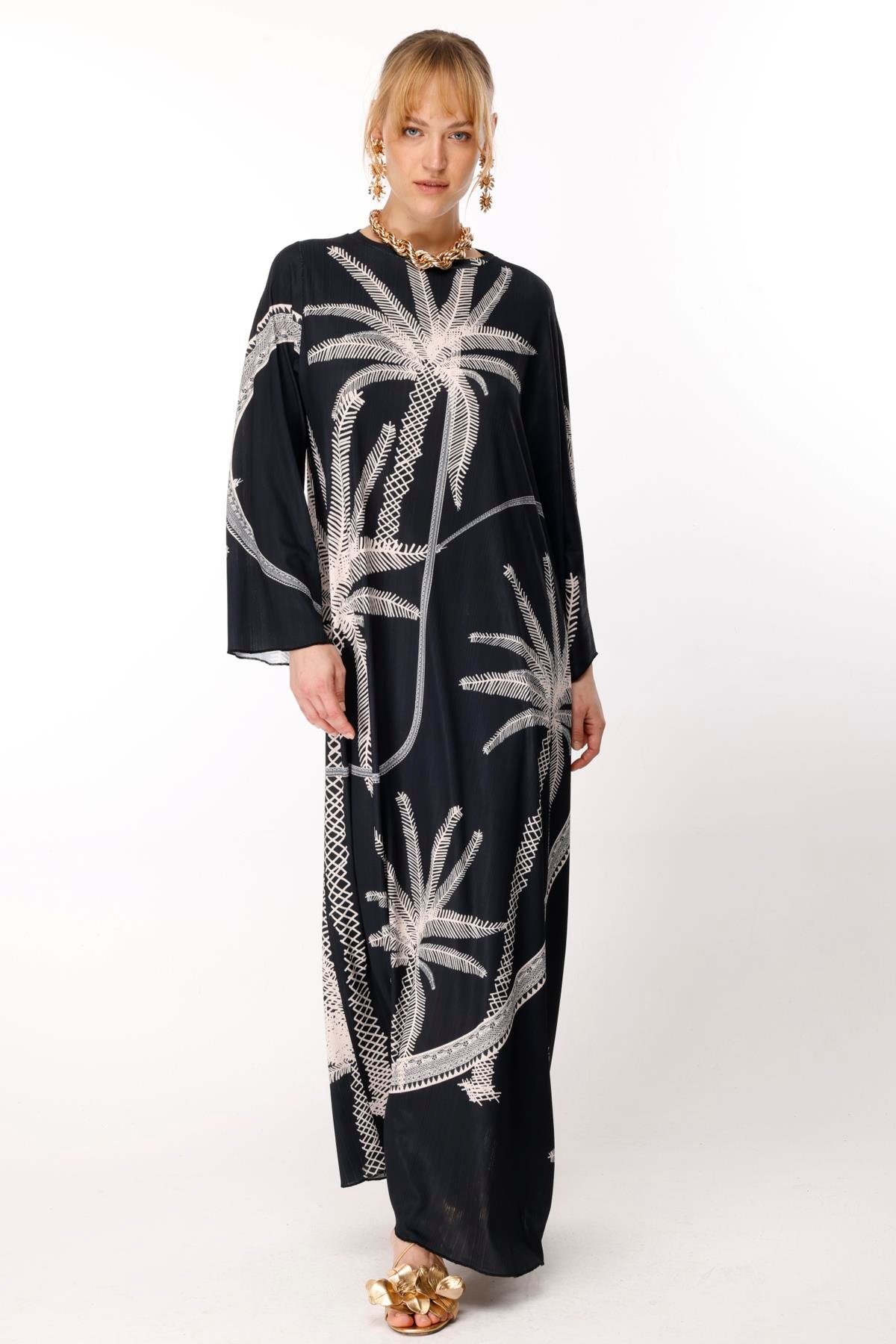 JAKAR FİTİLLİ EL ÇİZİMİ PALMİYE BASKI TEK KOL KAFTAN