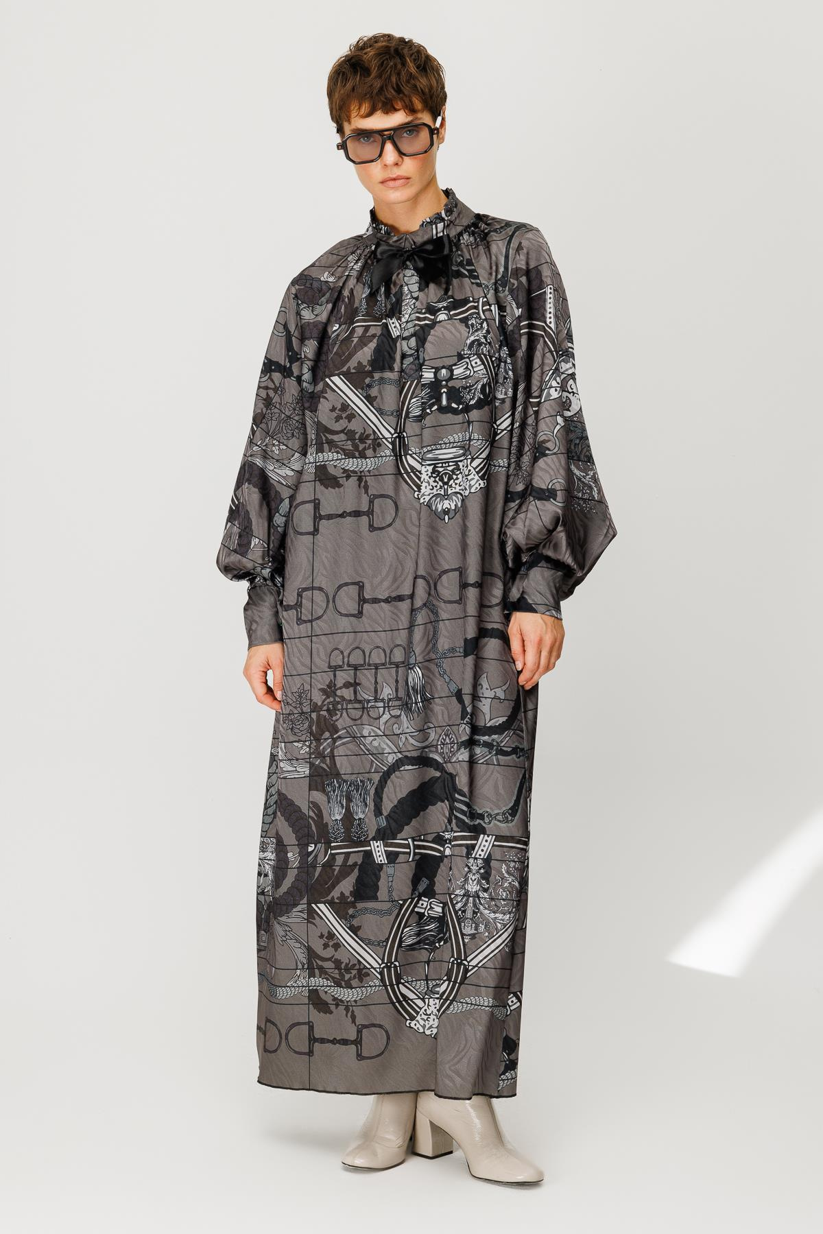 JAKAR SATEN BLOK ARMA DESENLİ YAKASI KURDELELİ ELBİSE