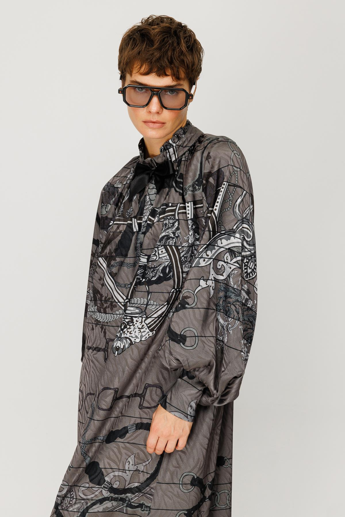 JAKAR SATEN BLOK ARMA DESENLİ YAKASI KURDELELİ ELBİSE