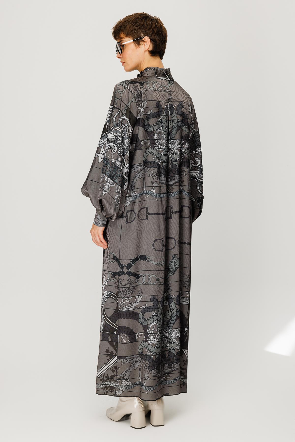 JAKAR SATEN BLOK ARMA DESENLİ YAKASI KURDELELİ ELBİSE