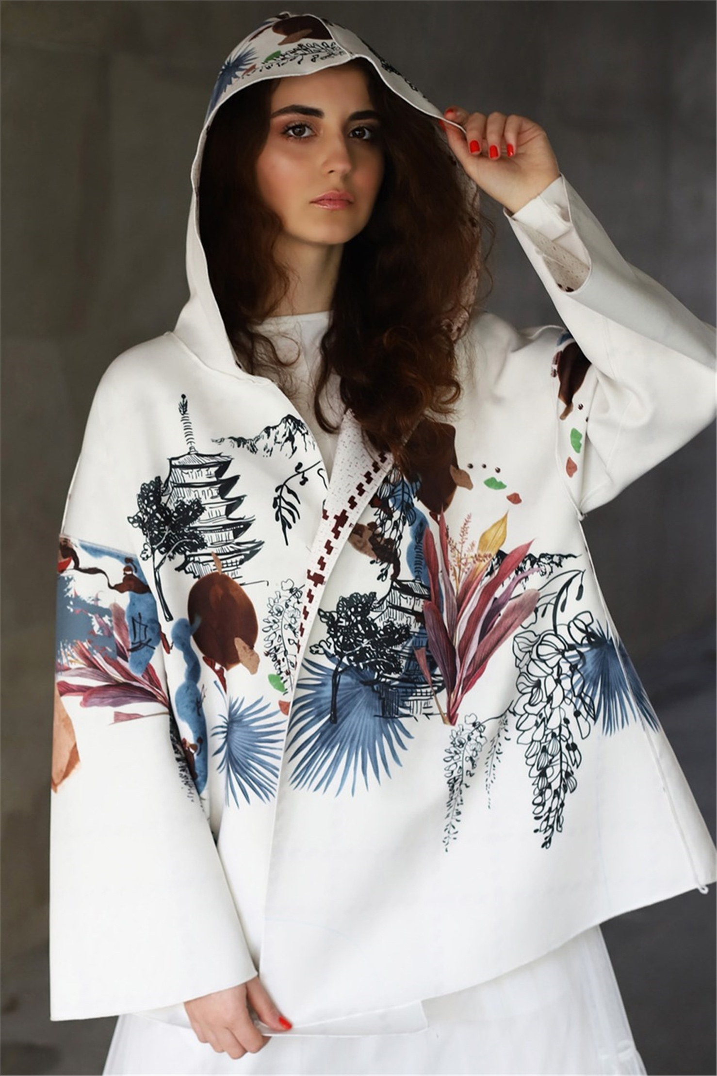 JAPANESE PRINT PUFF SCUBA HOODIE SHORT JACKET