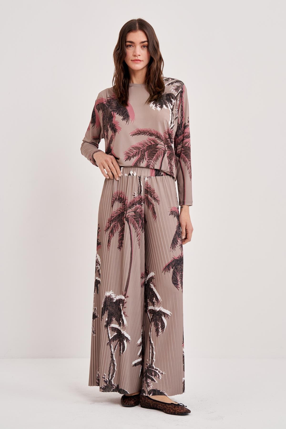 JARSE GÖLGELİ PALMİYE DESENLİ İNCE PİLİSE PANTOLON ETEK