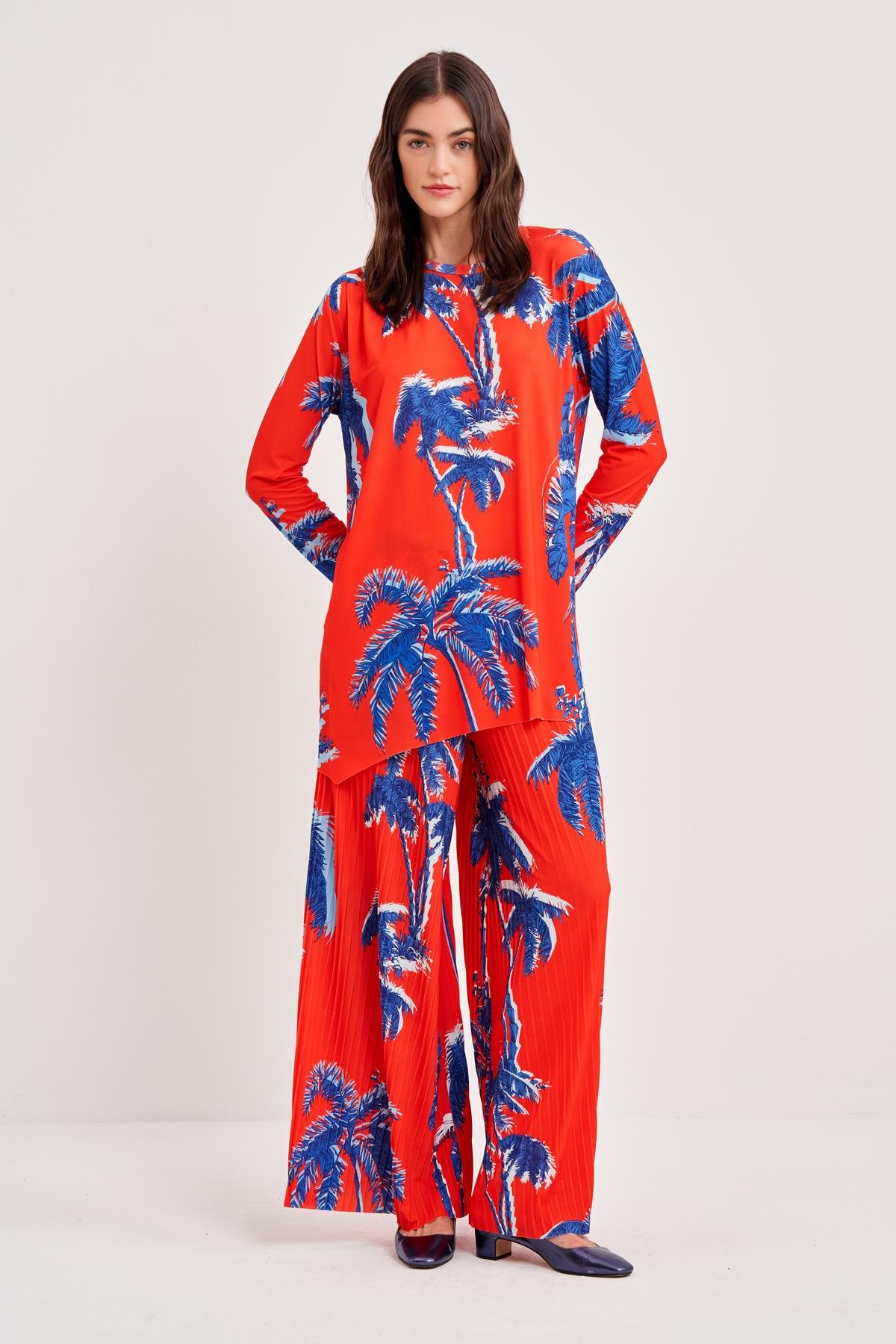 JARSE GÖLGELİ PALMİYE DESENLİ İNCE PİLİSE PANTOLON ETEK