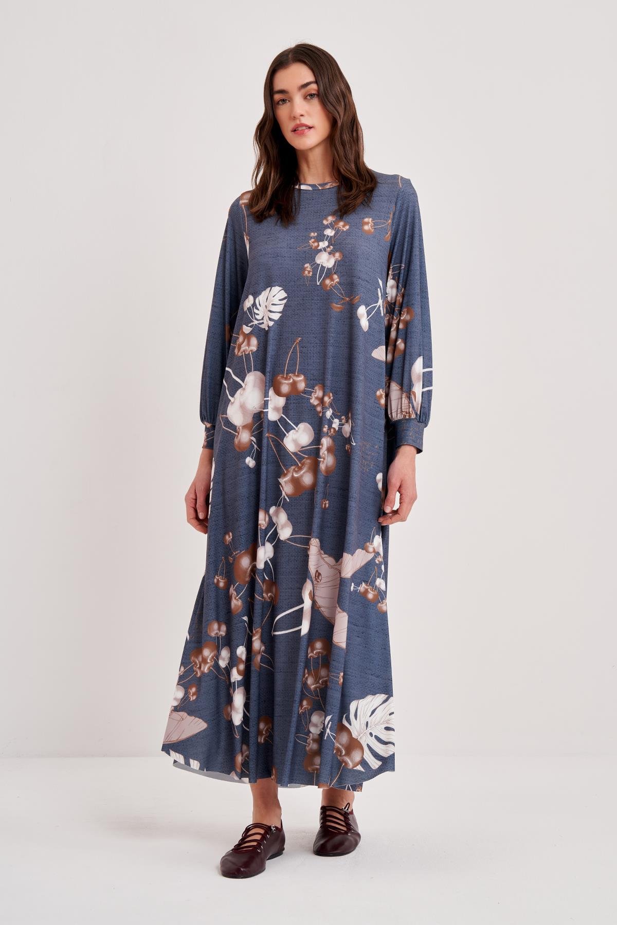 JARSE KİRAZ DALLI DESENLİ A FORM ELBİSE