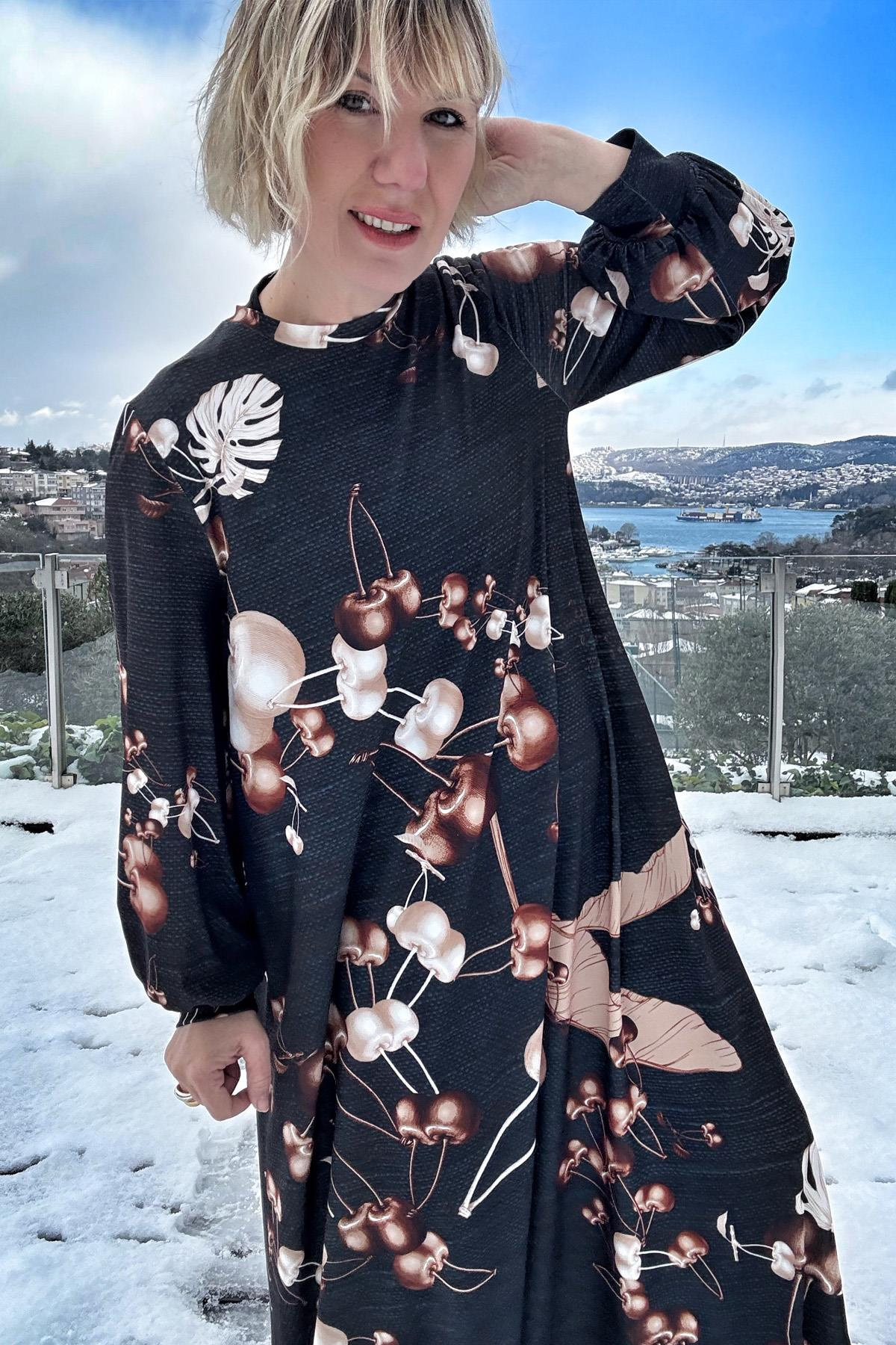 JARSE GÖVDELİ PALMİYE DESENLİ A FORM ELBİSE