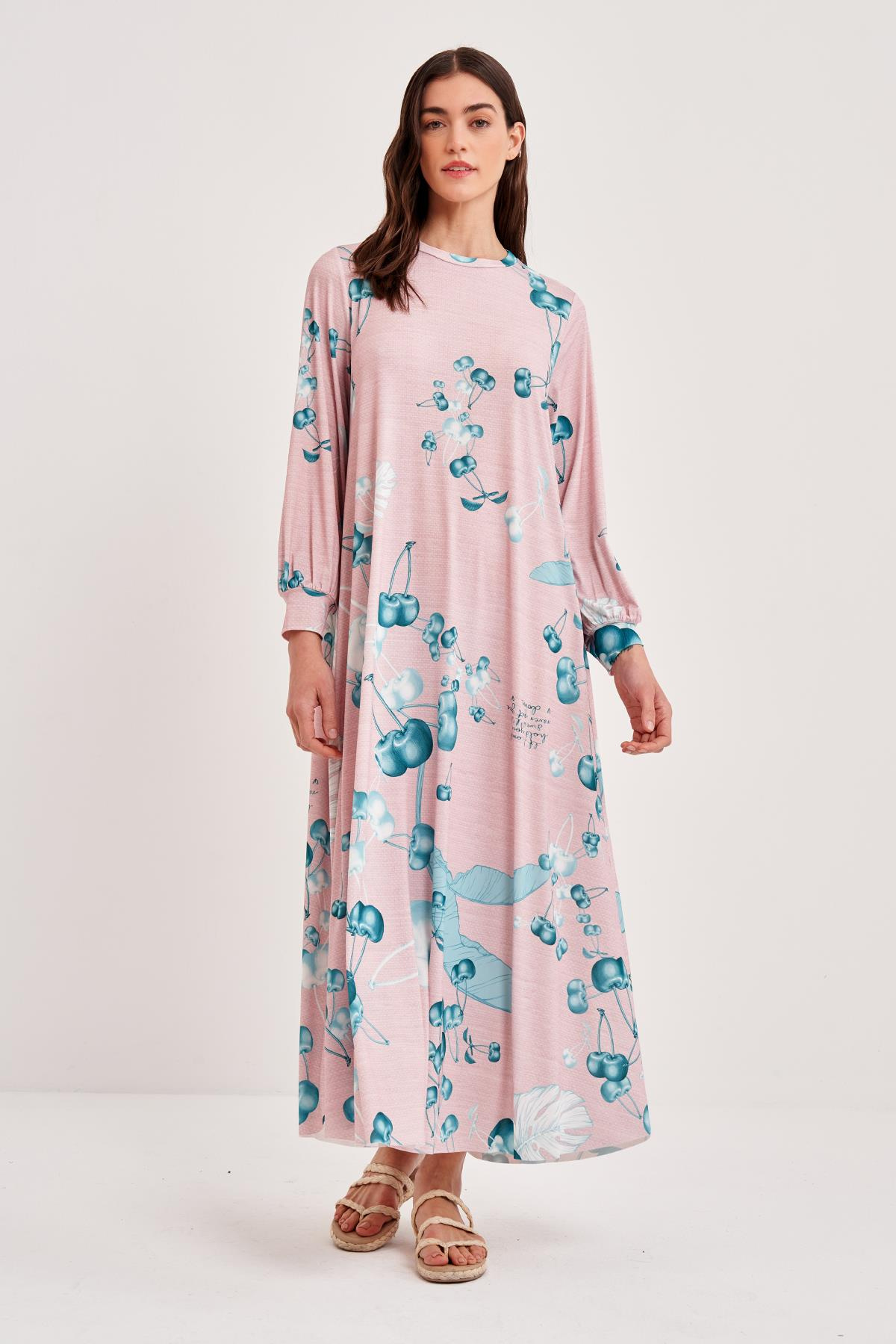 JARSE KİRAZ DALLI DESENLİ A FORM ELBİSE