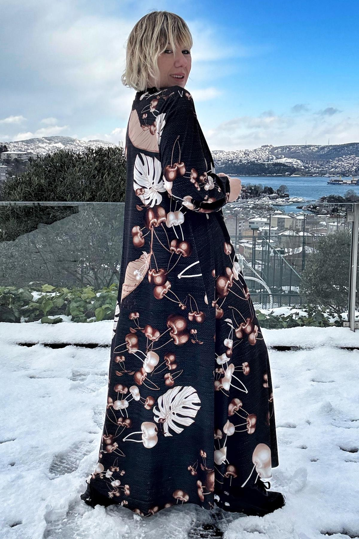 JARSE GÖVDELİ PALMİYE DESENLİ A FORM ELBİSE