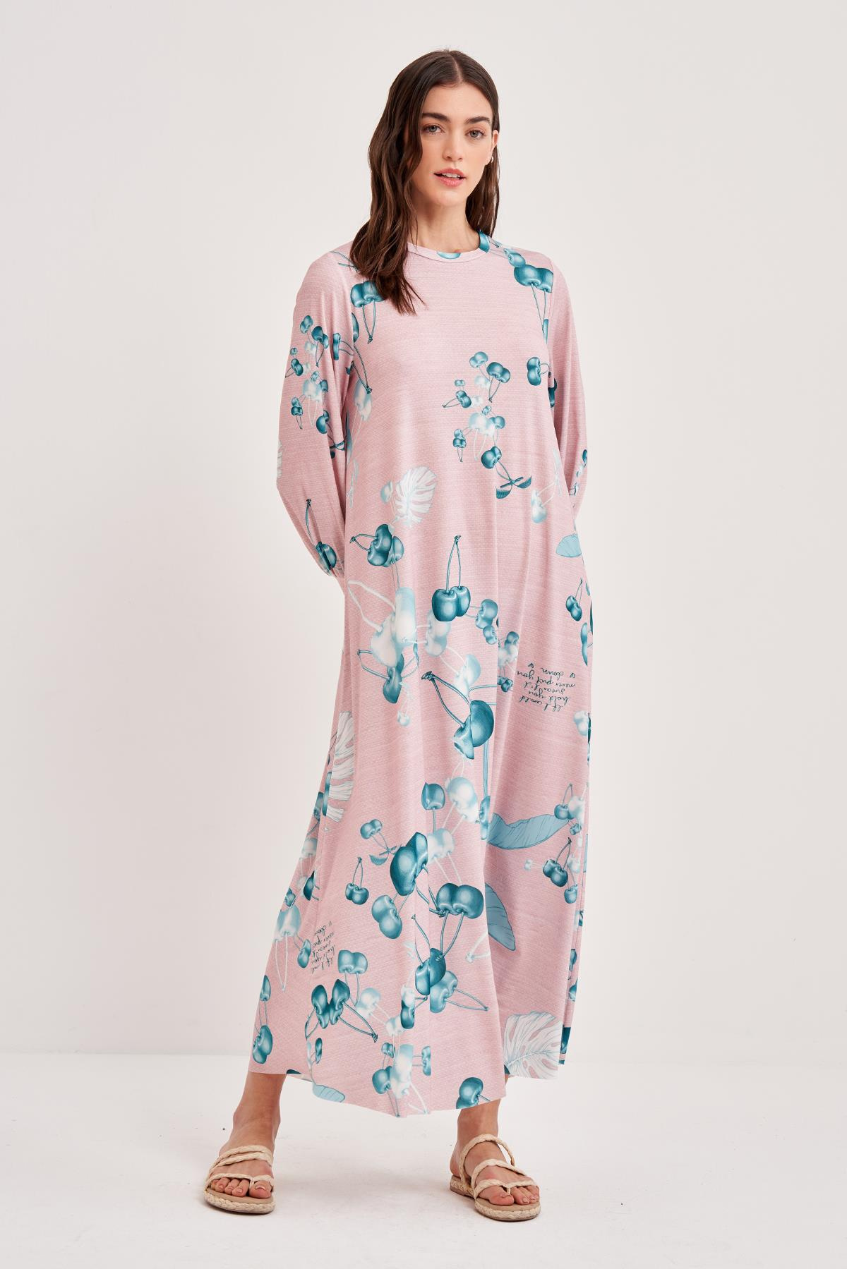 JARSE KİRAZ DALLI DESENLİ A FORM ELBİSE