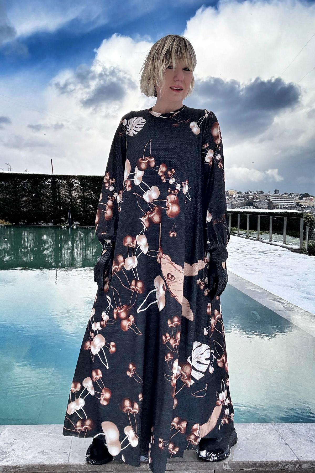 JARSE GÖVDELİ PALMİYE DESENLİ A FORM ELBİSE