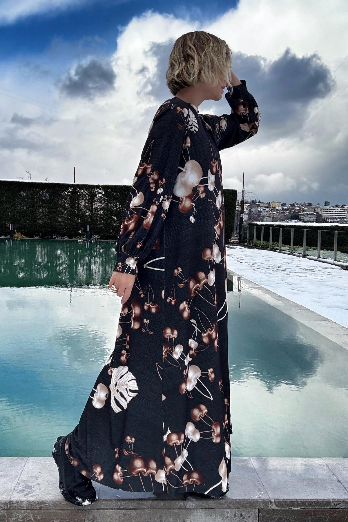 JARSE GÖVDELİ PALMİYE DESENLİ A FORM ELBİSE