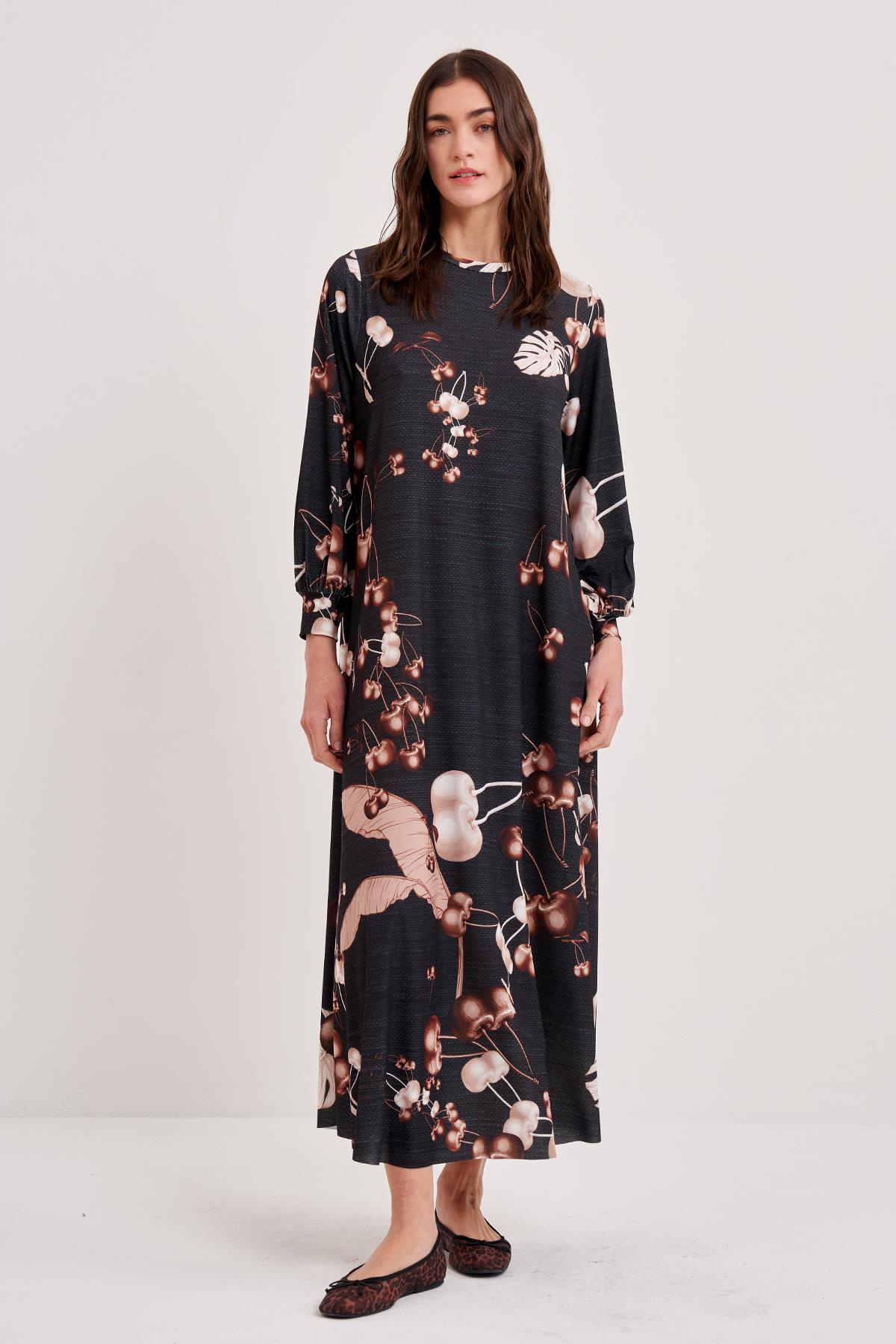 JARSE GÖVDELİ PALMİYE DESENLİ A FORM ELBİSE