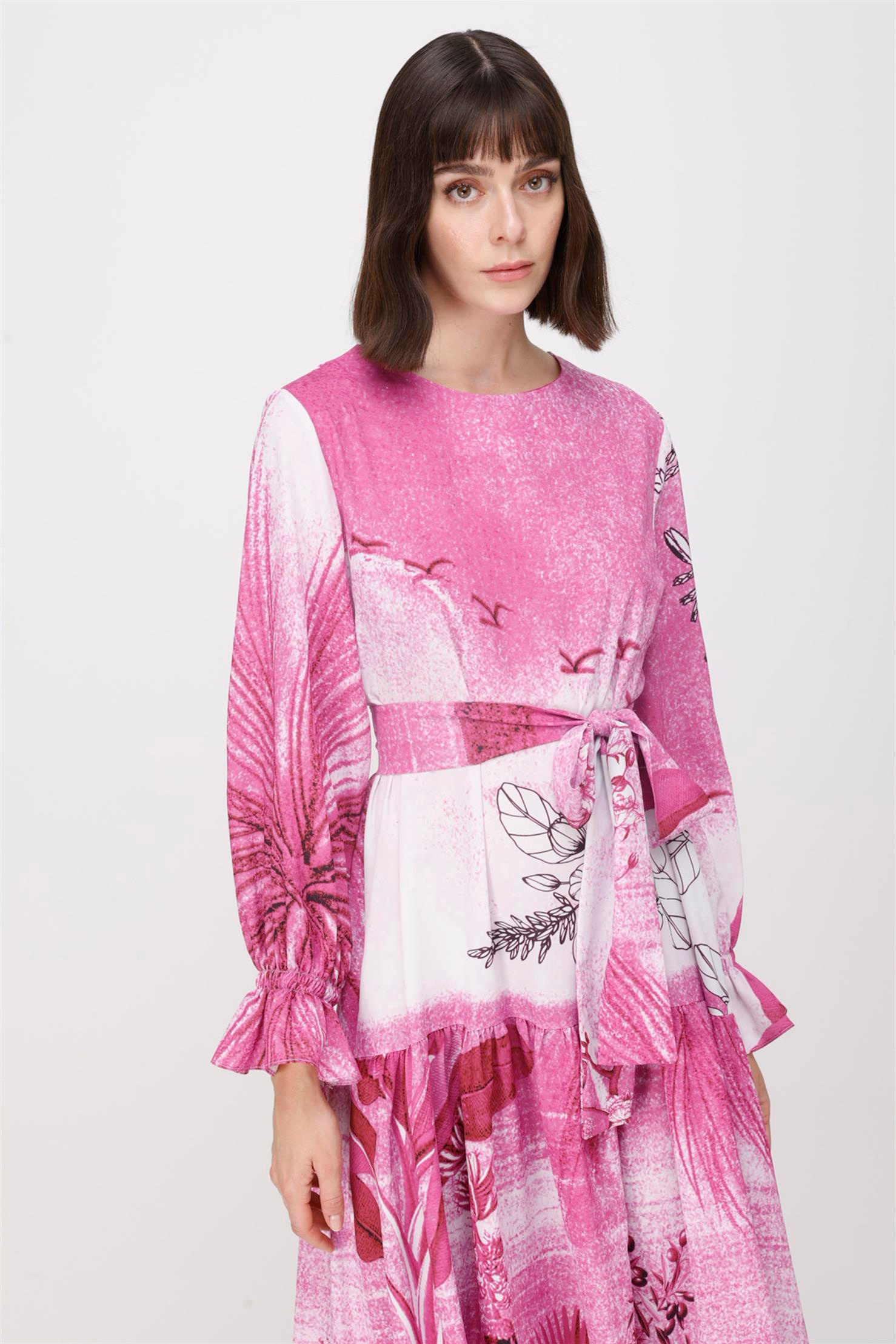 JESİCA TROPİK ÇÖL DESEN BASKI KEMERLİ ELBİSE