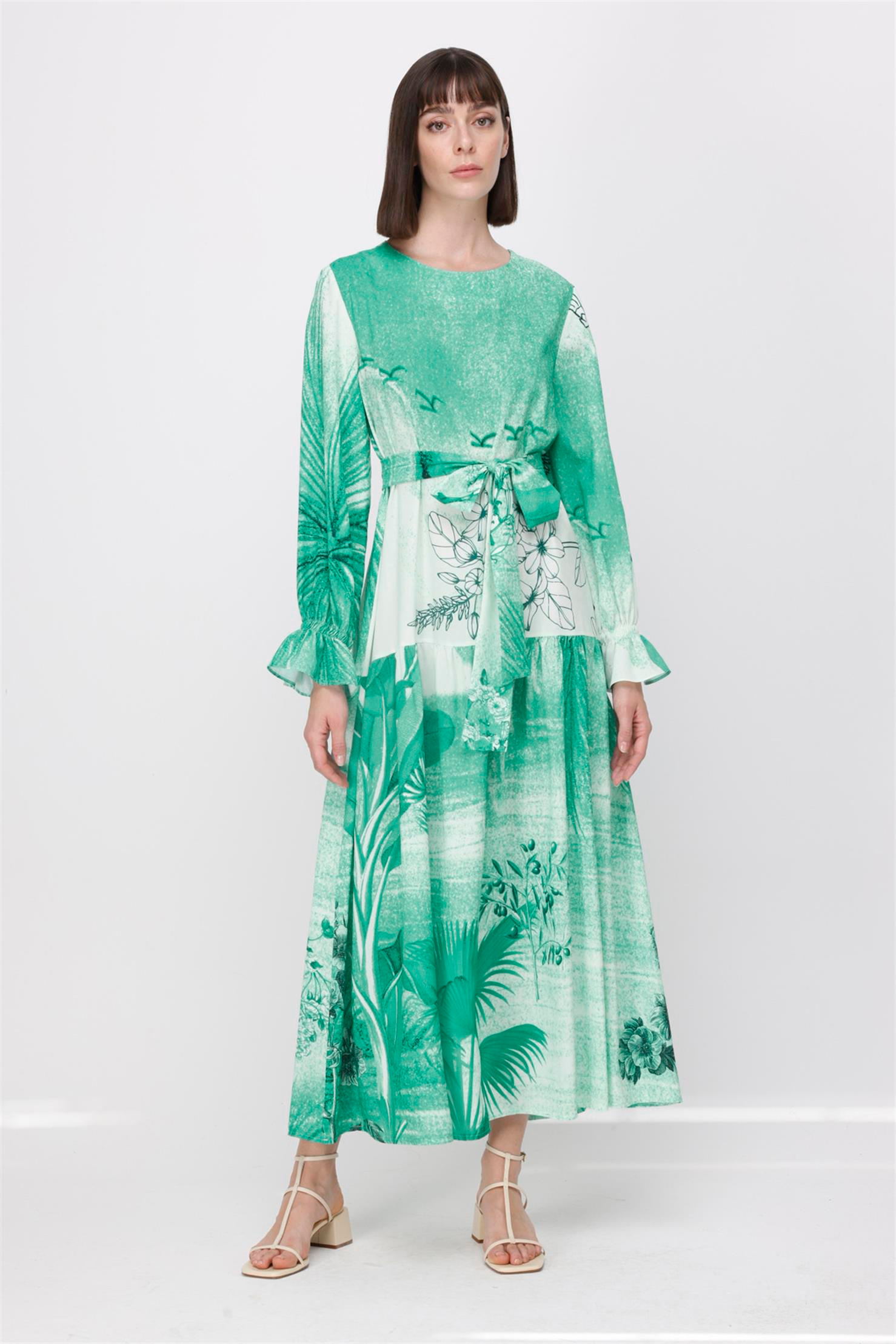 JESİCA TROPİK ÇÖL DESEN BASKI KEMERLİ ELBİSE