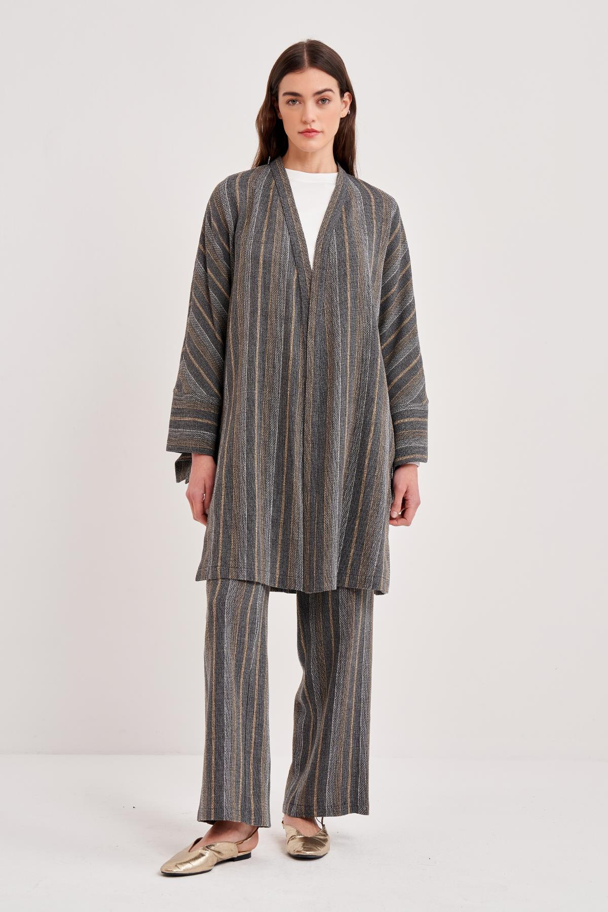 KALIN ÇİZGİLİ KETEN KISA KİMONO