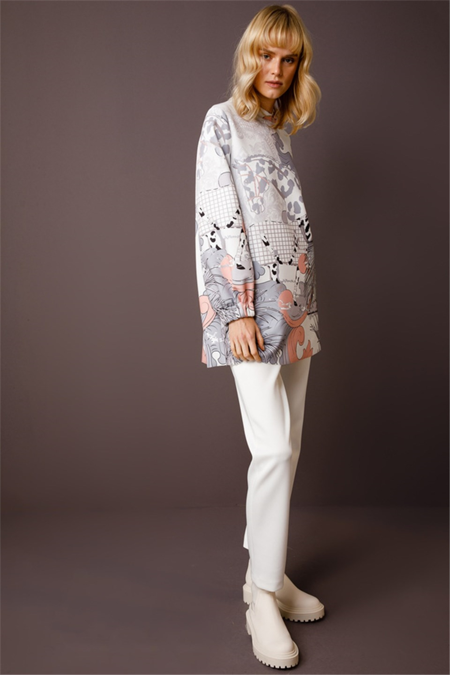 MULTIPLE FLOWER LEOPARAD PRINT LAPEL COLLAR TUNIC