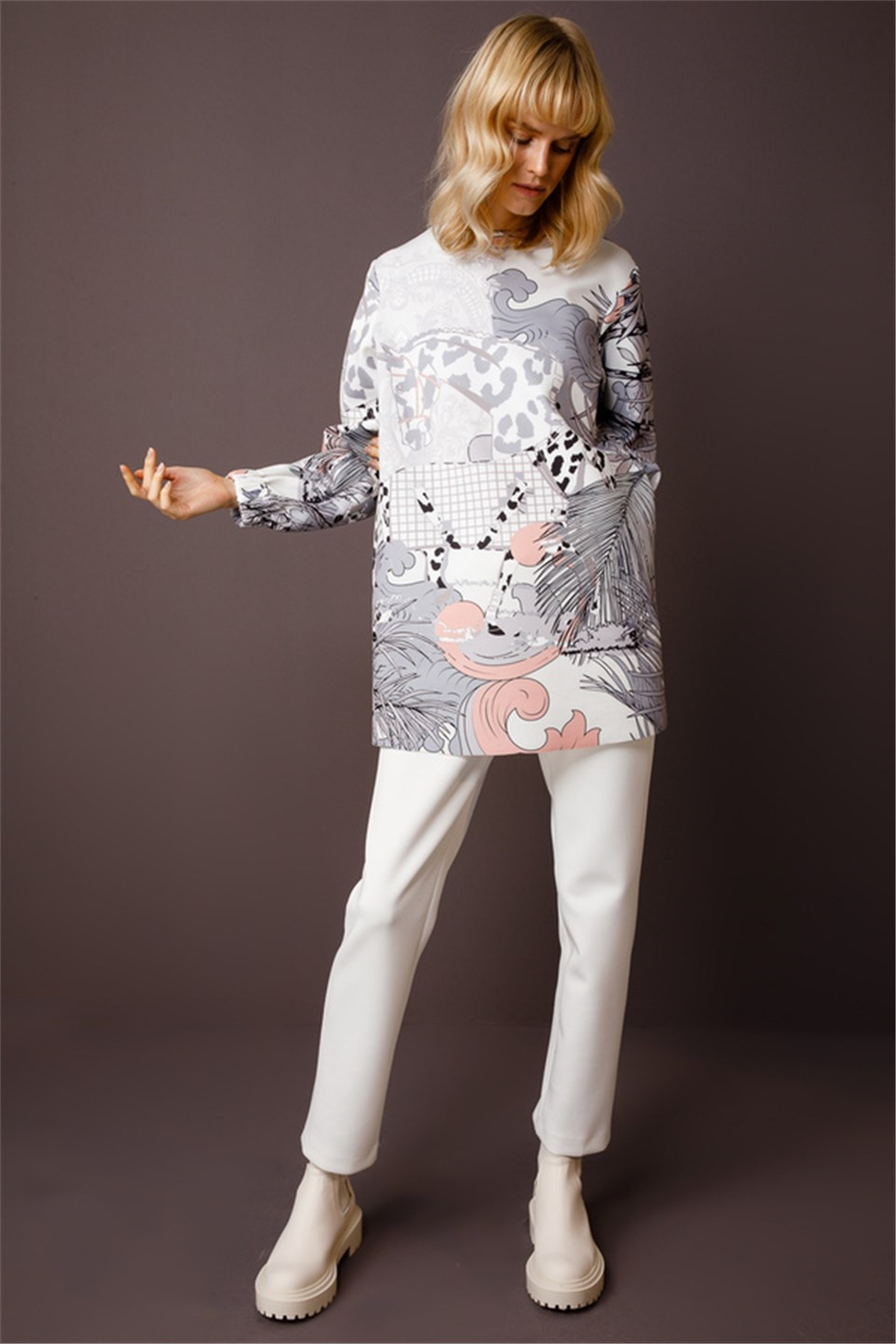 MULTIPLE FLOWER LEOPARAD PRINT LAPEL COLLAR TUNIC