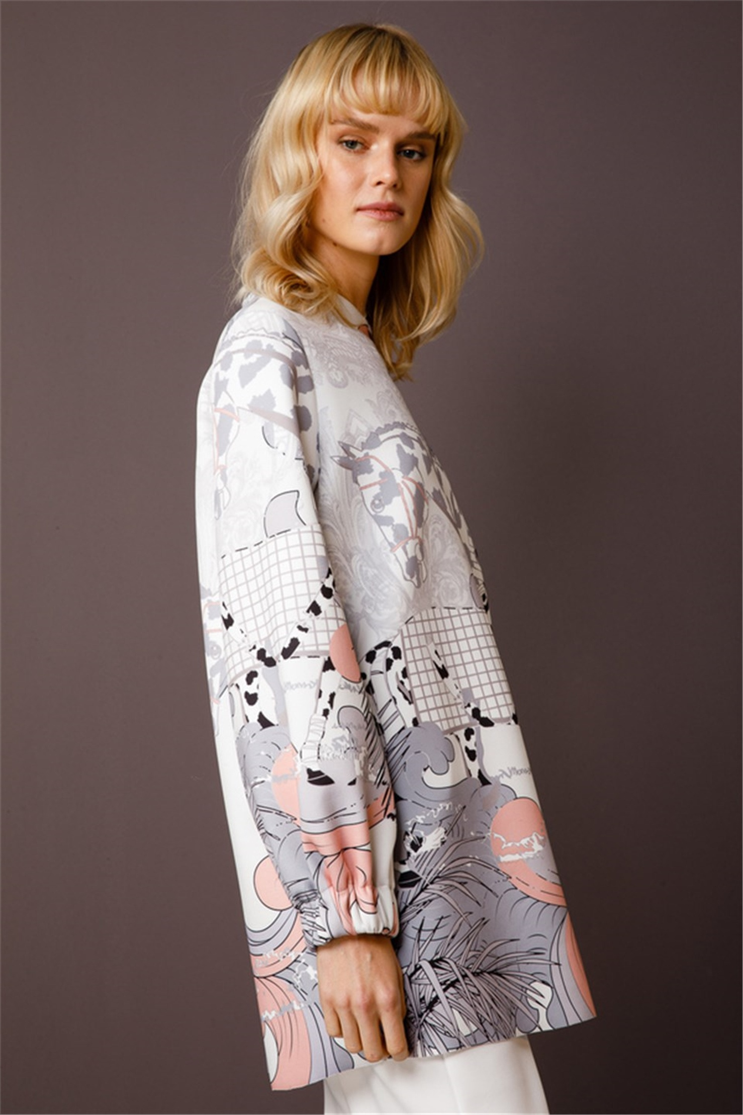 MULTIPLE FLOWER LEOPARAD PRINT LAPEL COLLAR TUNIC