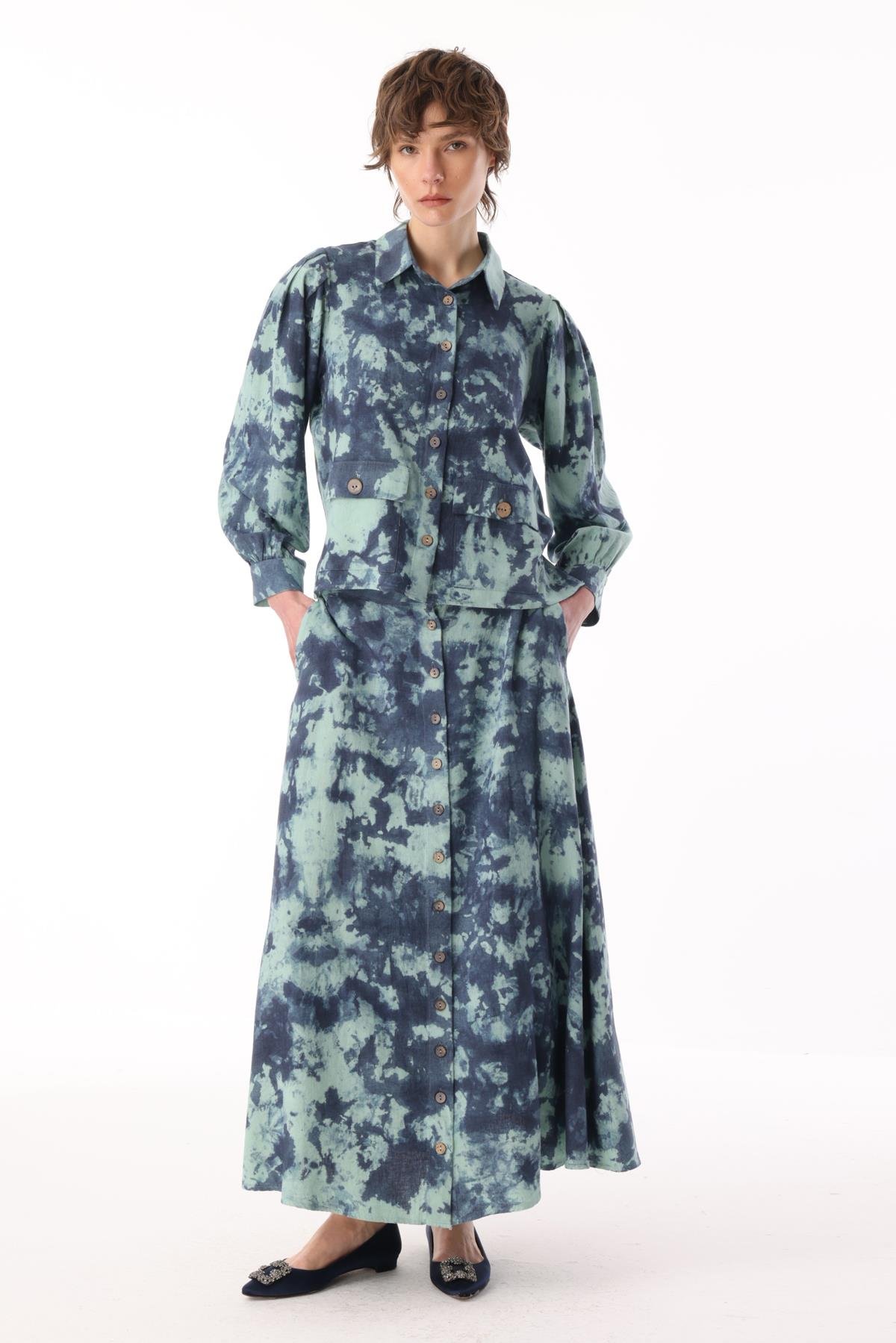 KETEN BATİKLİ ÖNDEN DÜĞMELİ ETEK