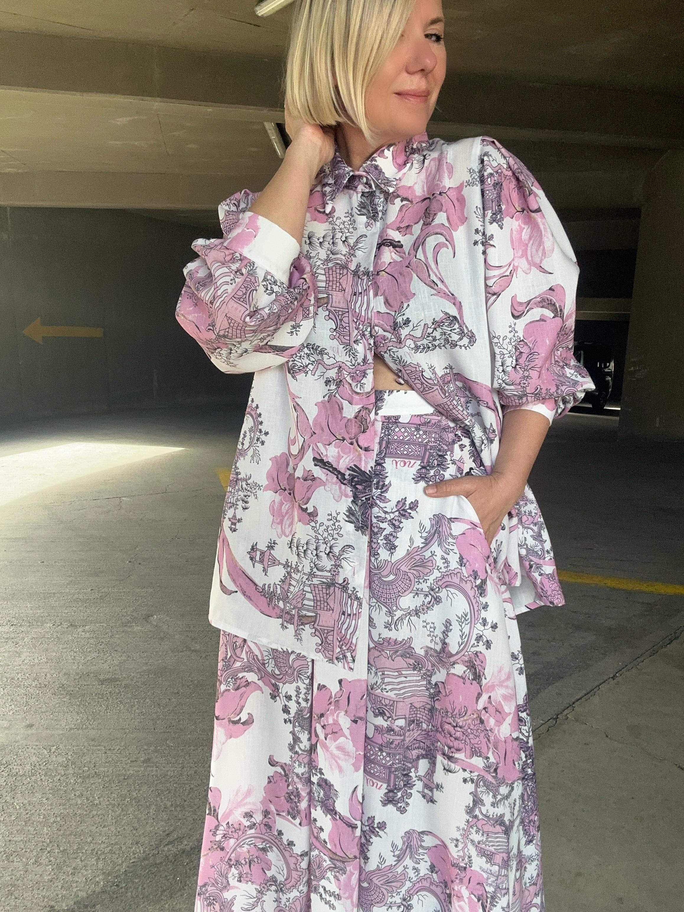 KETEN JAPANESE SUMMER ÇİÇEKLİ STRAST TAŞLI GÖMLEK