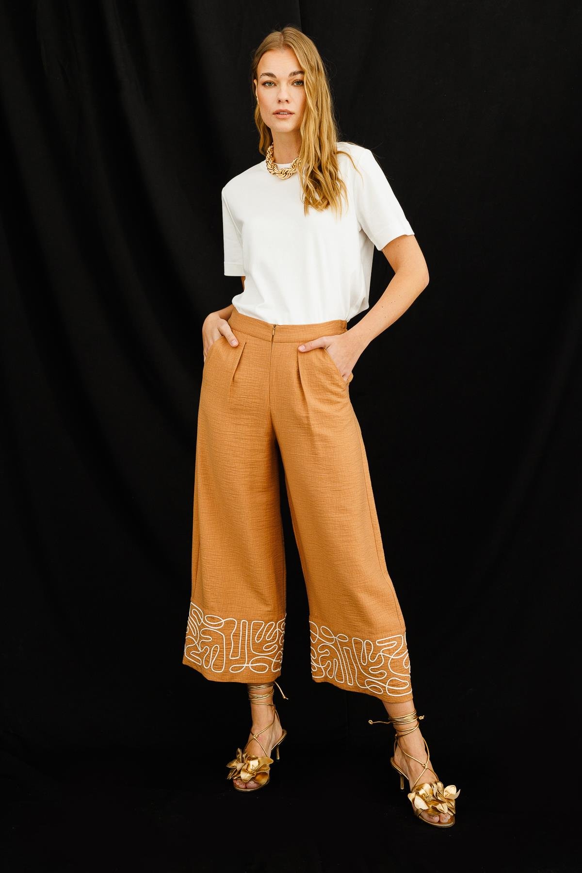 KETEN KENDINDEN CRUSHLI SÜZENELİ PANTALON