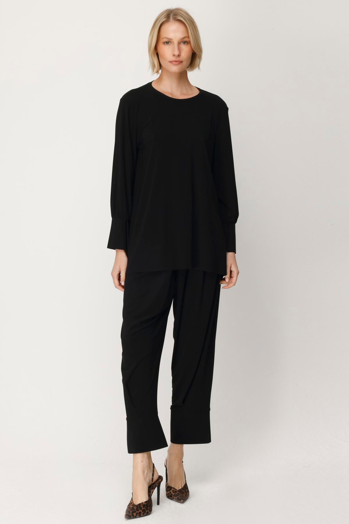 KREP JARSE KOLLARI YIRTMAÇLI MANSETLİ BLUZ