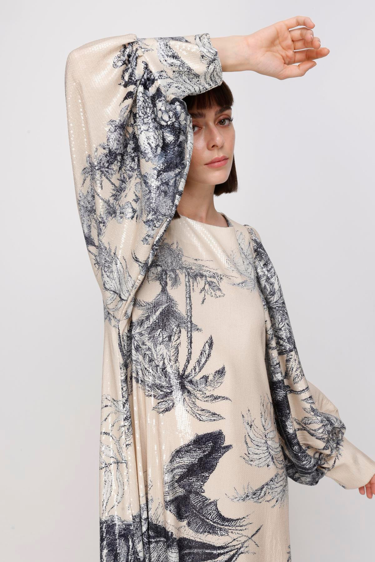 PAYET PALMİYE EV DESEN BALON KOL MAXİ ELBİSE