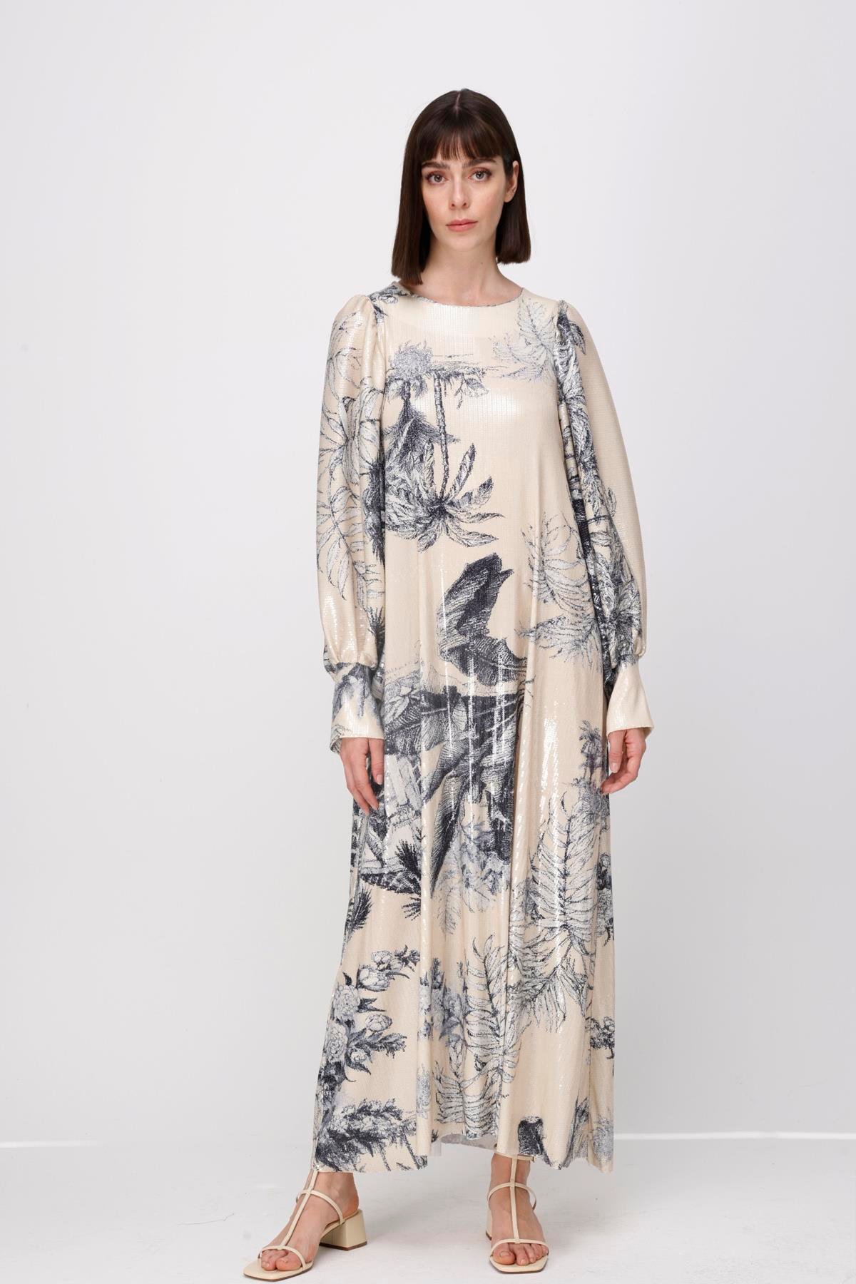 PAYET PALMİYE EV DESEN BALON KOL MAXİ ELBİSE