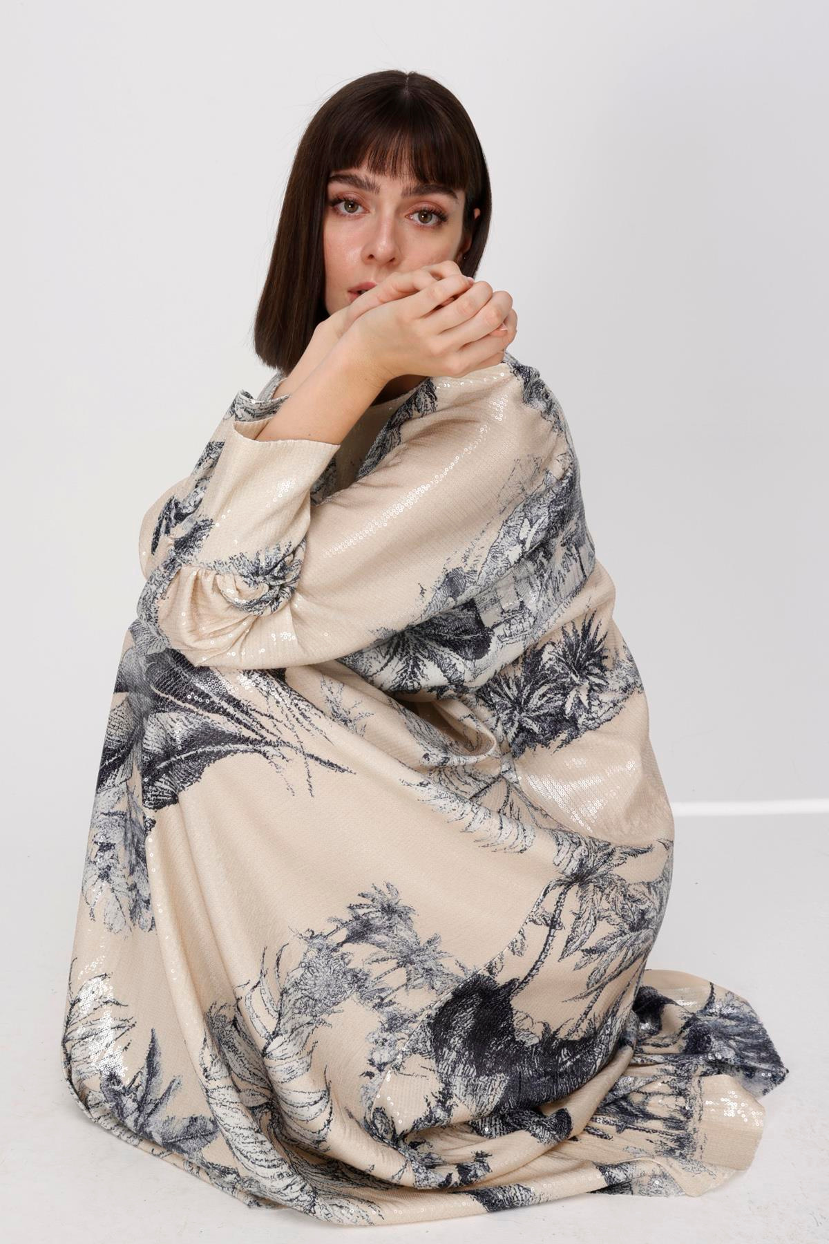 PAYET PALMİYE EV DESEN BALON KOL MAXİ ELBİSE