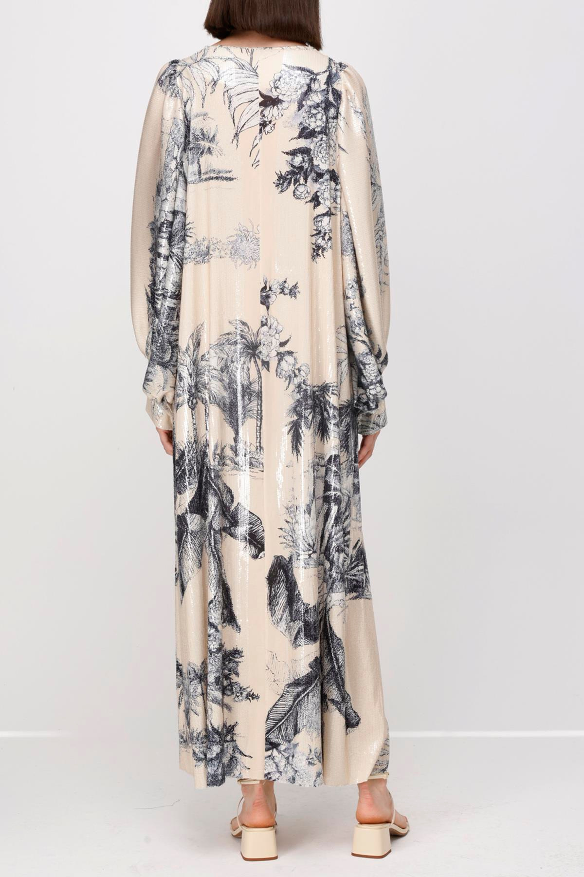 PAYET PALMİYE EV DESEN BALON KOL MAXİ ELBİSE