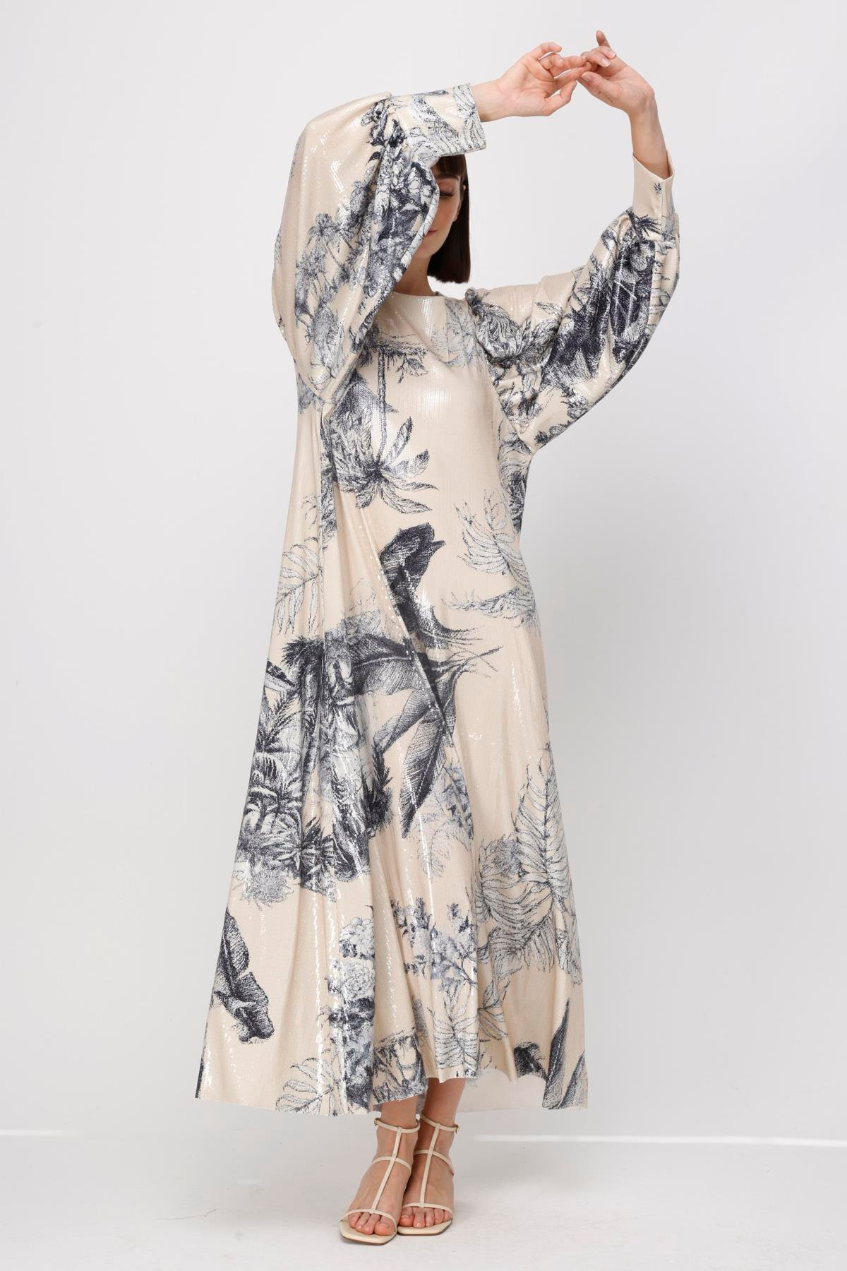 PAYET PALMİYE EV DESEN BALON KOL MAXİ ELBİSE